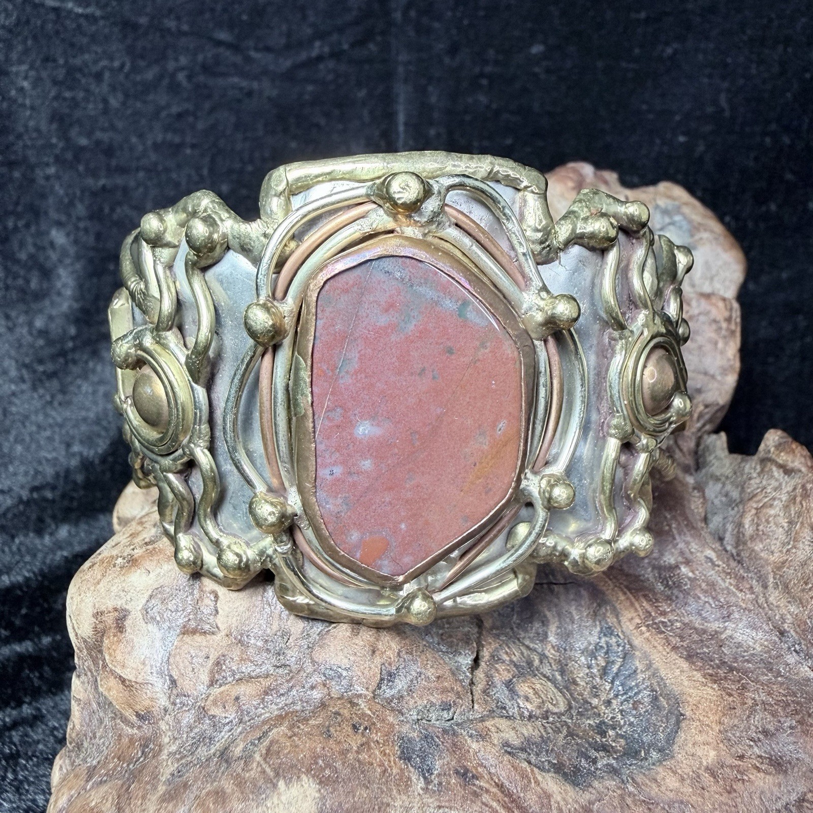 Beautiful Brutalist Mixed Metal Cuff Bracelet Brass & Copper Large Natural Stone
