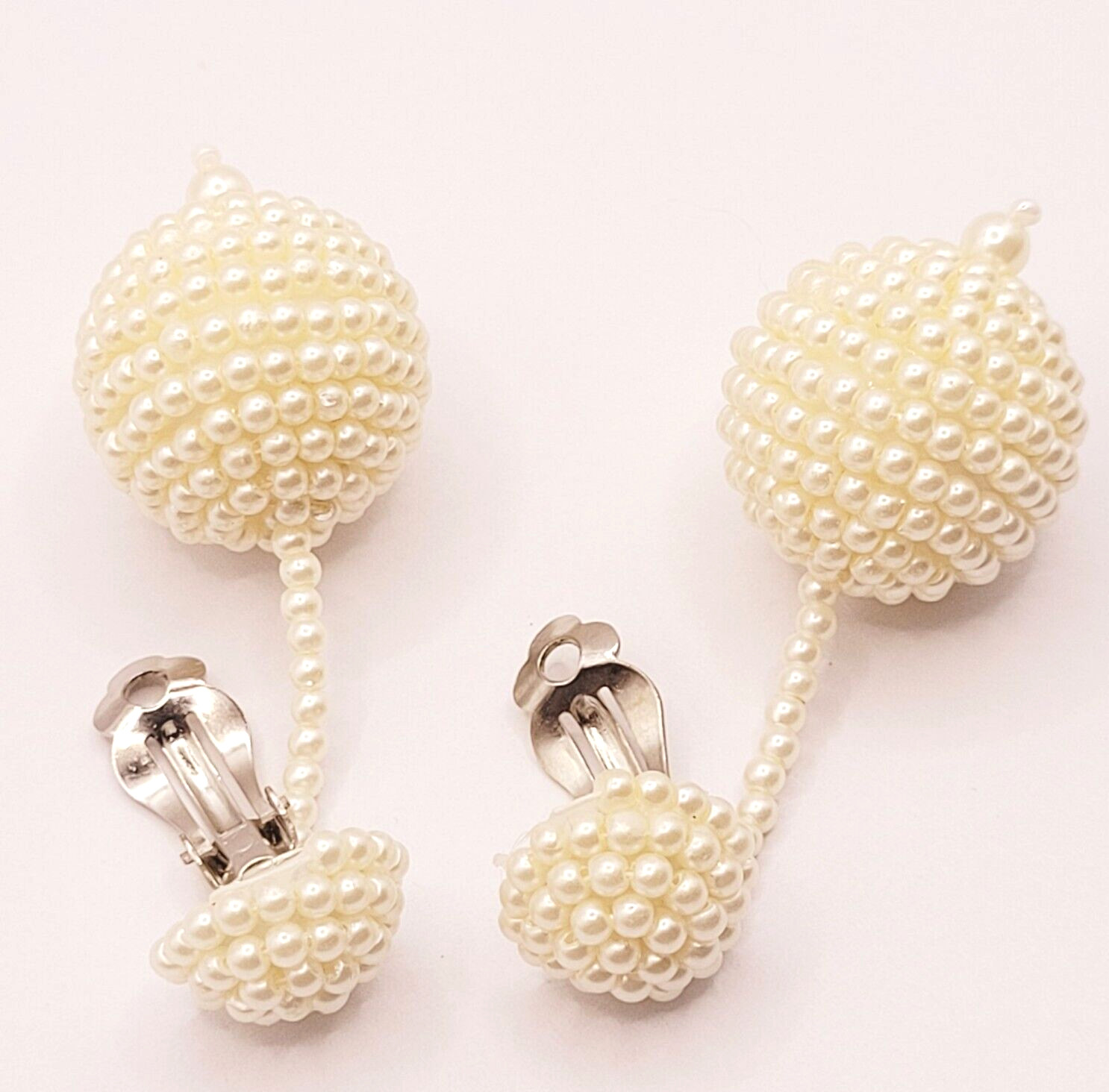 Unique Ball Drop Dangle with Faux Pearl Long Beaded Costume Clip On Earrings