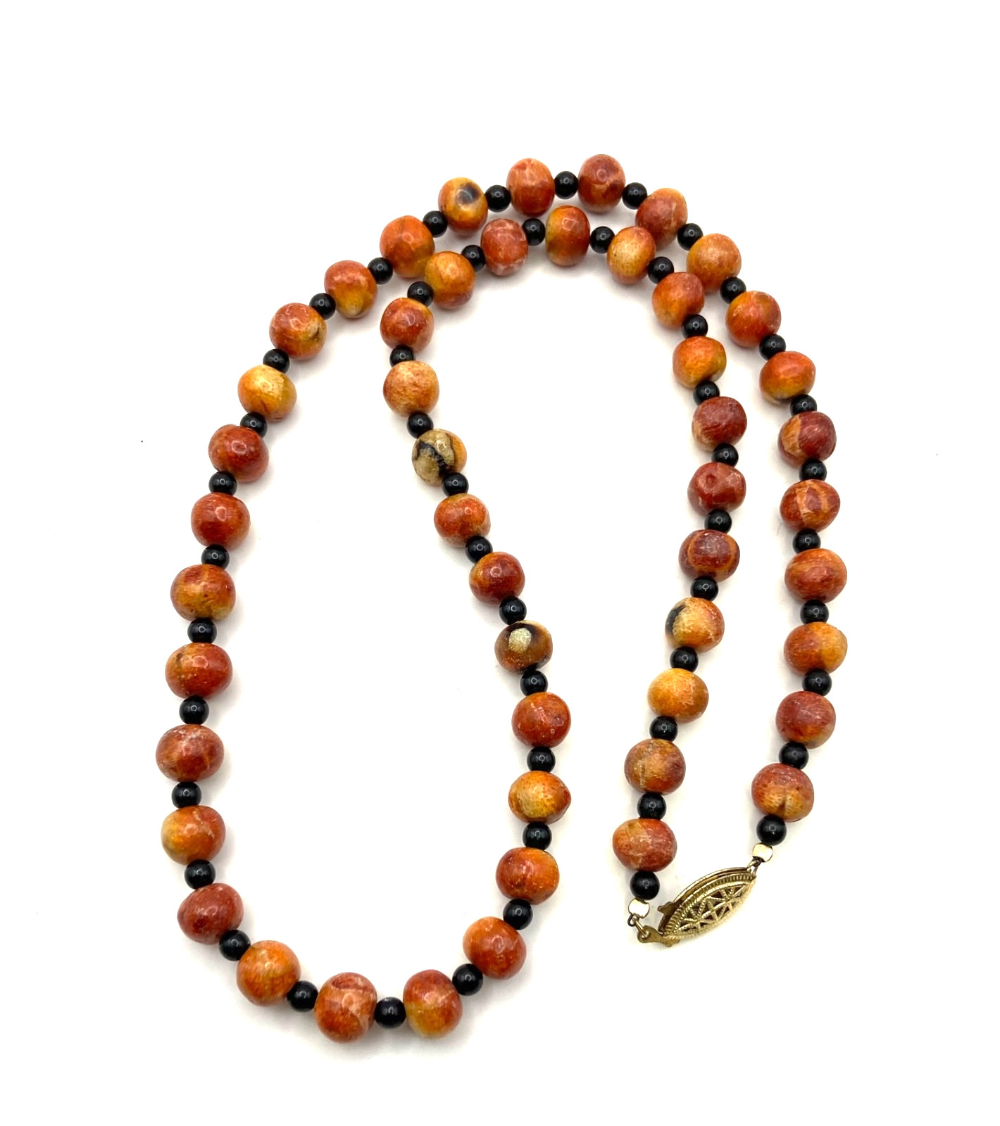 Vintage Apple Sponge Coral Red/Orange Beaded Necklace Black Agate? Gold Tone 24″