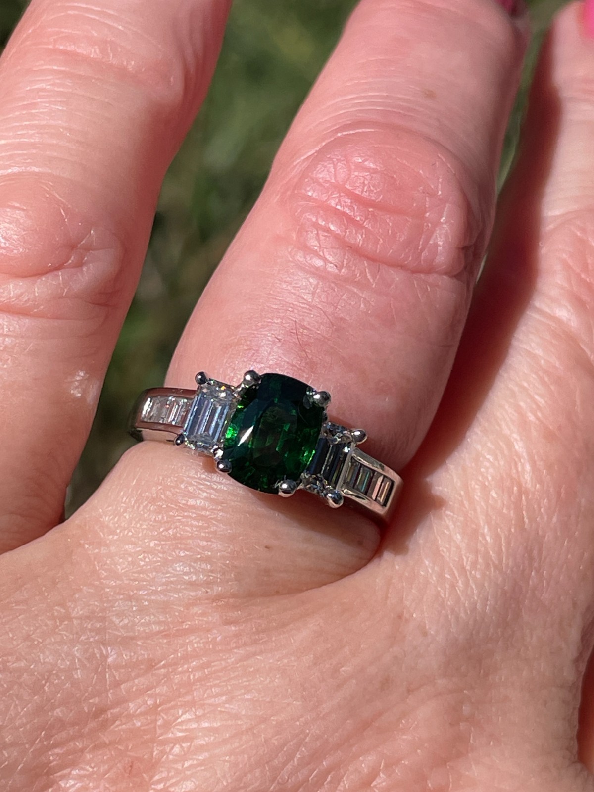 Vintage GIA 2.46ctw Natural Green Cushion Cut Tsavorite Diamond Platinum Ring