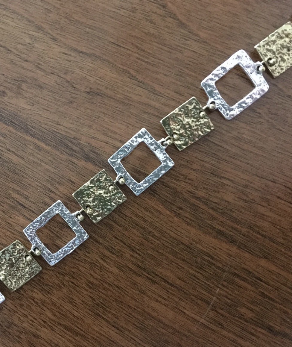 Vtg Anne Dick Brutalist Necklace Sterling Silver Brass Squares 23″ Modernist