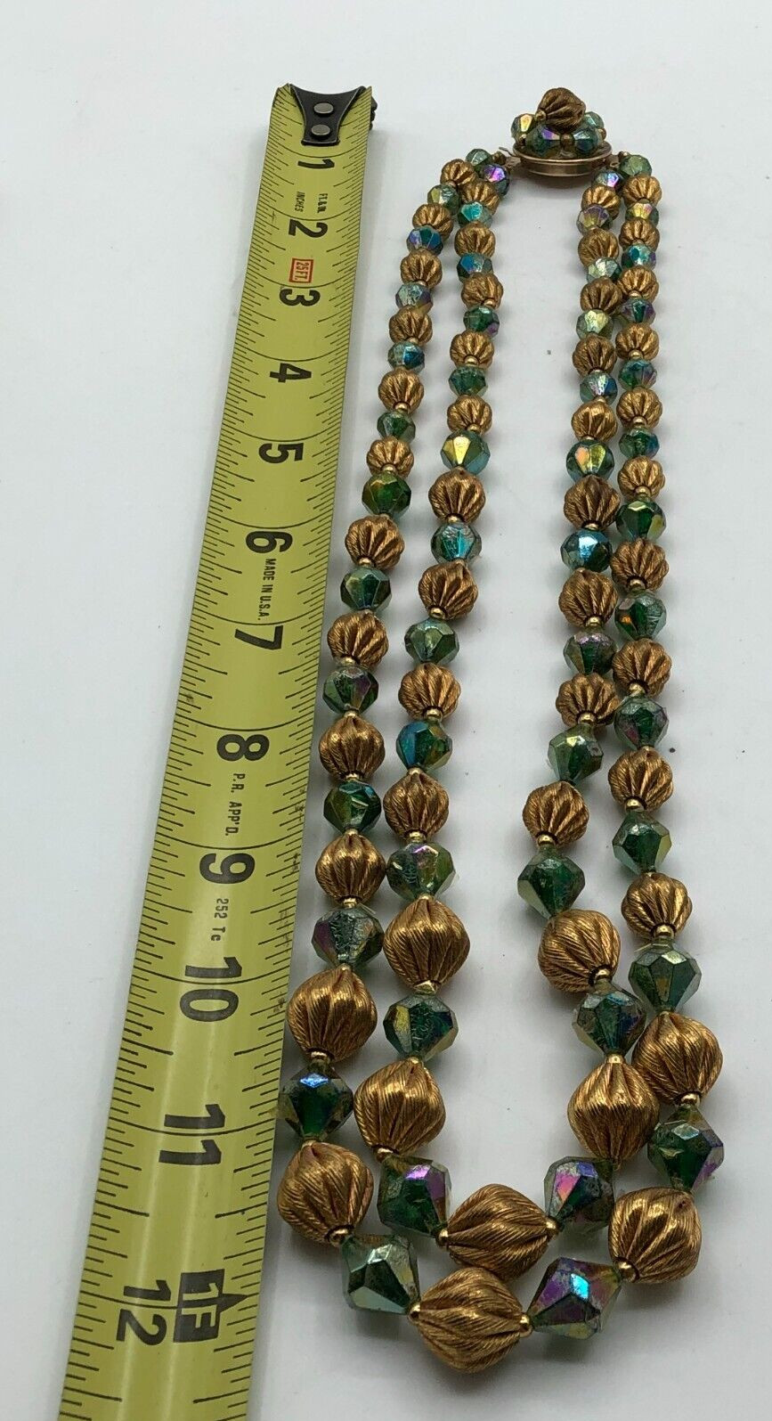 VTG 2 Strand Green AB & Gold Tone Bicone Bead Necklace MCM 1960s Estate