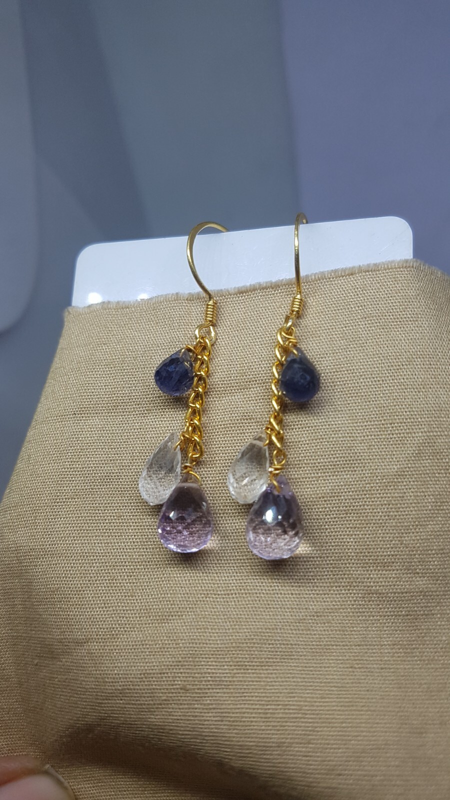 Iolite pink amethyst Clear quartz gemstone 925 sterling silver earrings jewelry