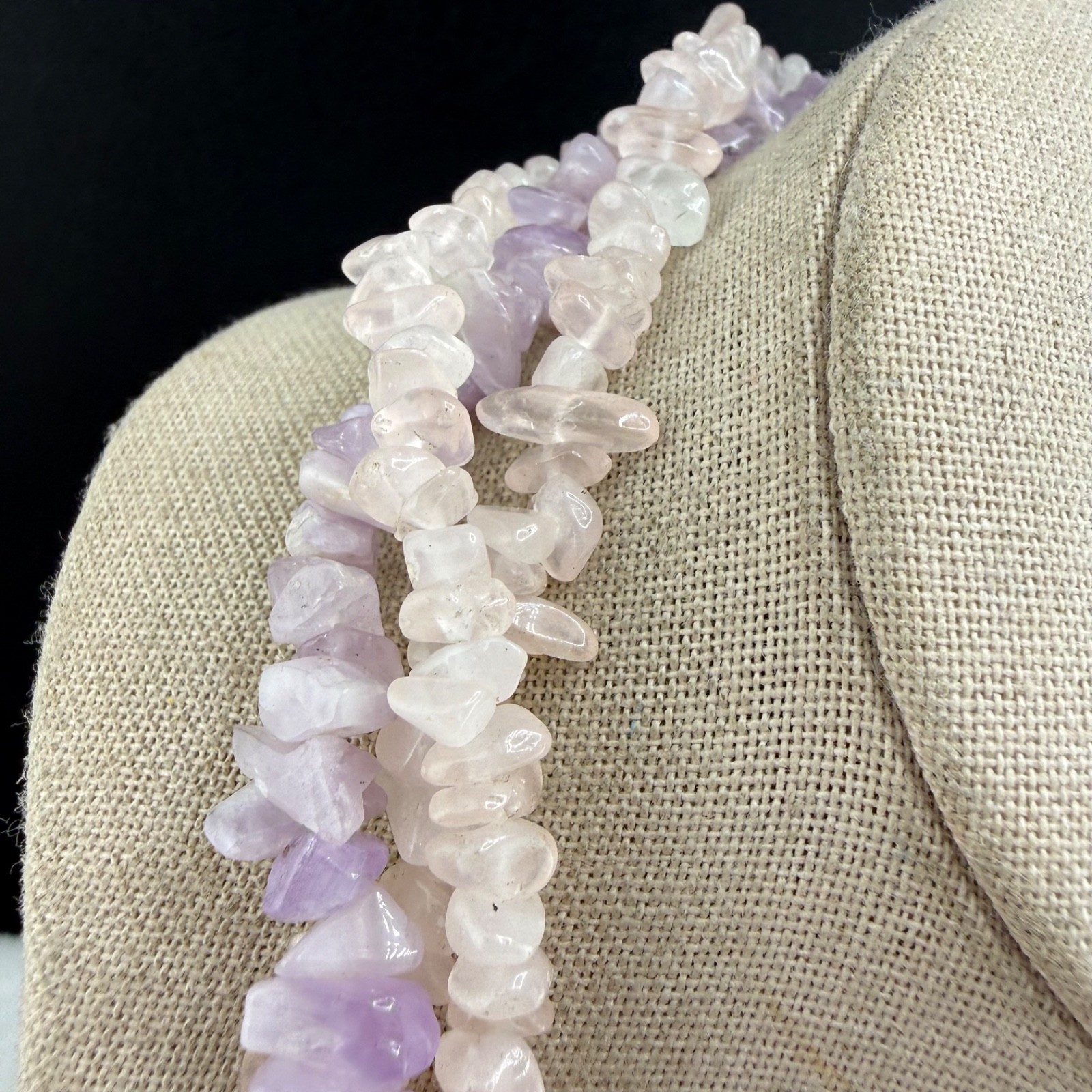 Vintage Polished Stone Beaded Necklace White Pink Purple Pastel 18”