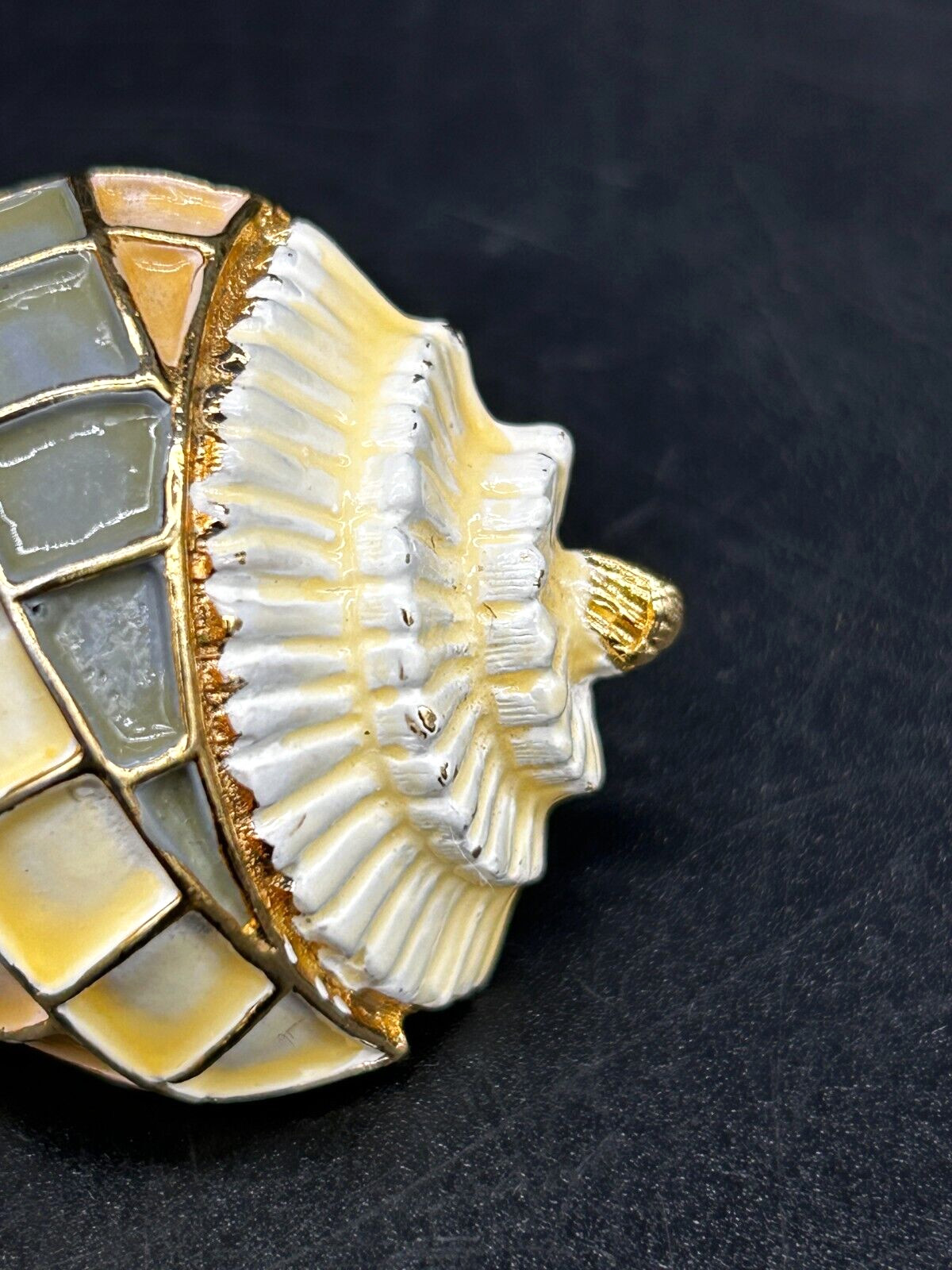 Vintage Enameled Textured Whelk Conch Sea Shell Geometric Figural Brooch Pin