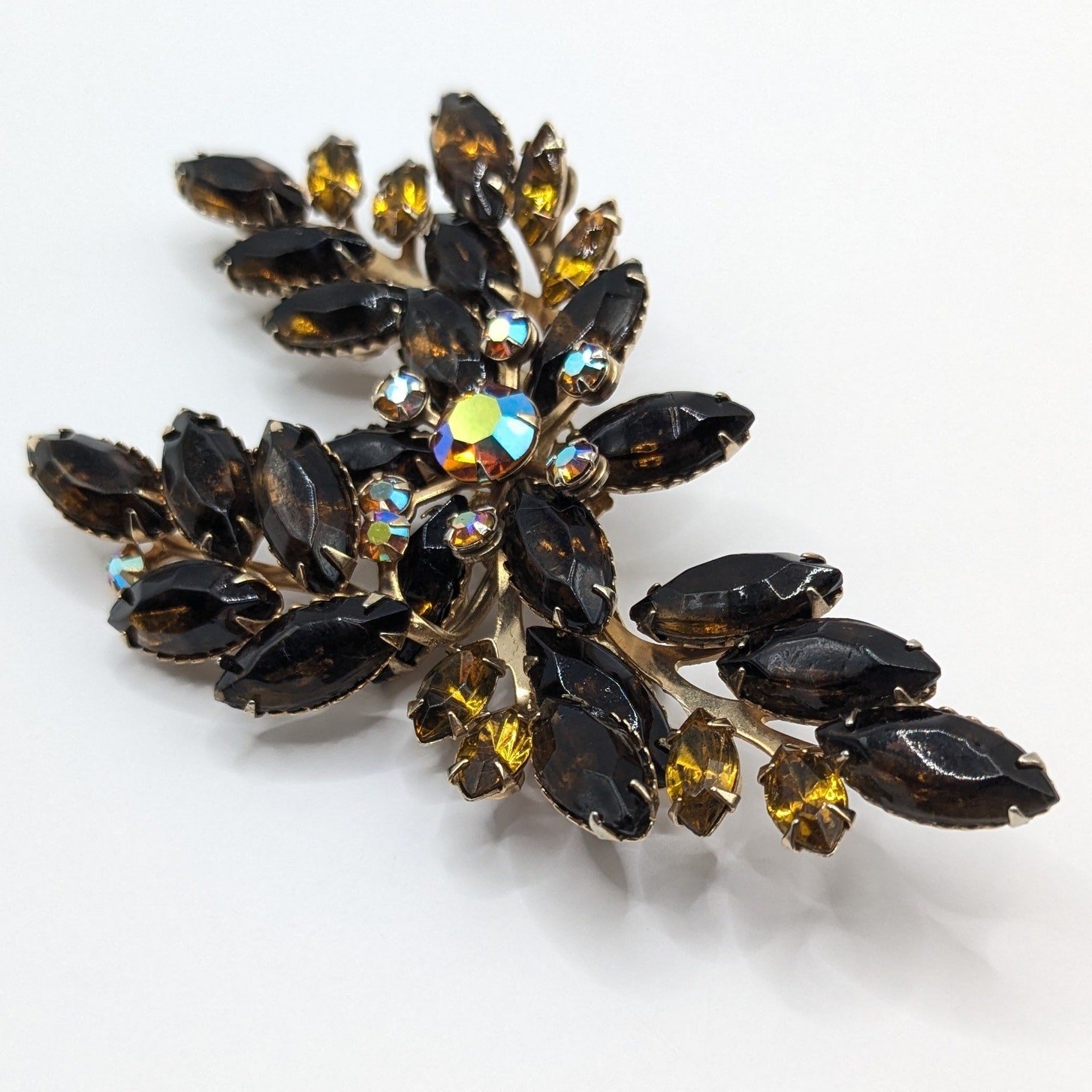 Vintage Large Amber and Yellow AB Glass Rhinestone Gold Tone Flower Brooch 4in