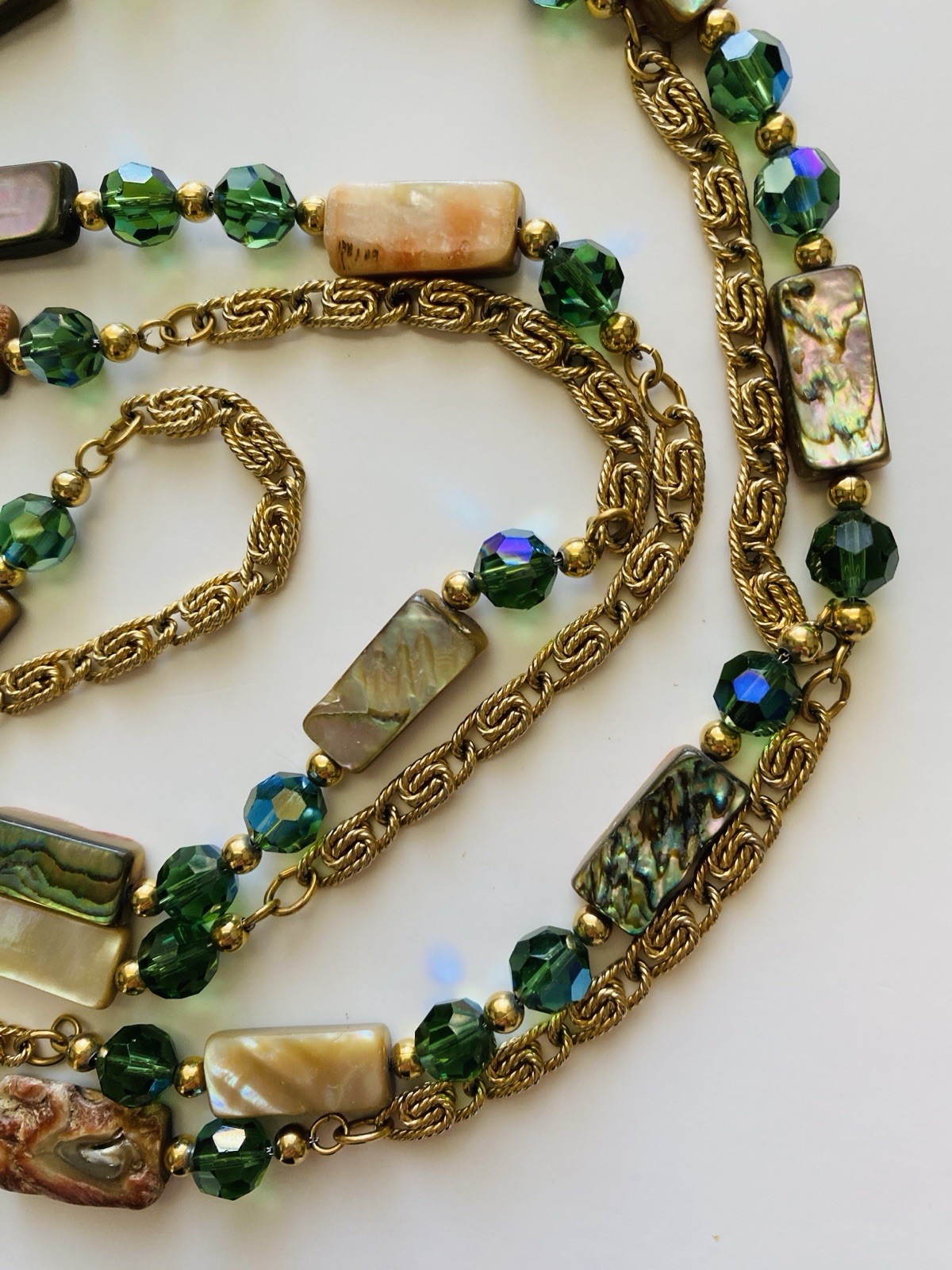 Vintage 80s NAPIER Necklace Abalone Mother Of Pearl & Green Crystals Boho Chic
