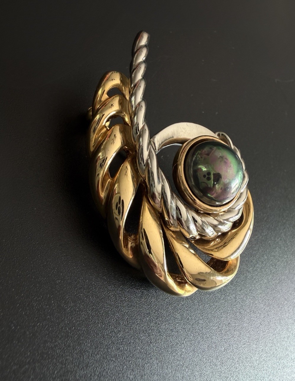 Peacock Faux Mabe Pearl Brooch Two Tone Gold Silver Swirl Ribbon Statement