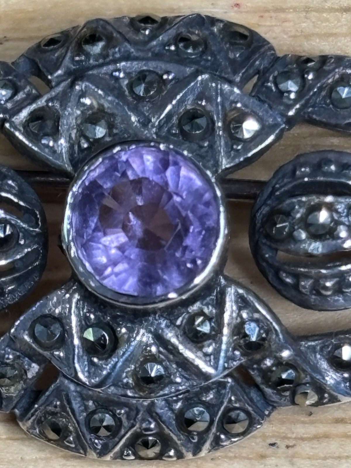Rare Vintage Amethyst, Marcasite & Sterling Silver 925 Brooch