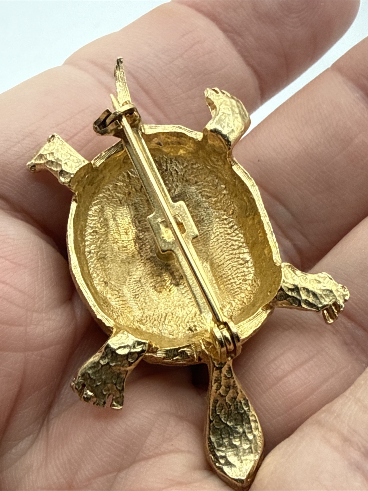 Gold Turtle Brooch/Pin With Green Eyes And Clear Stones On Shell Vintage (READ)!