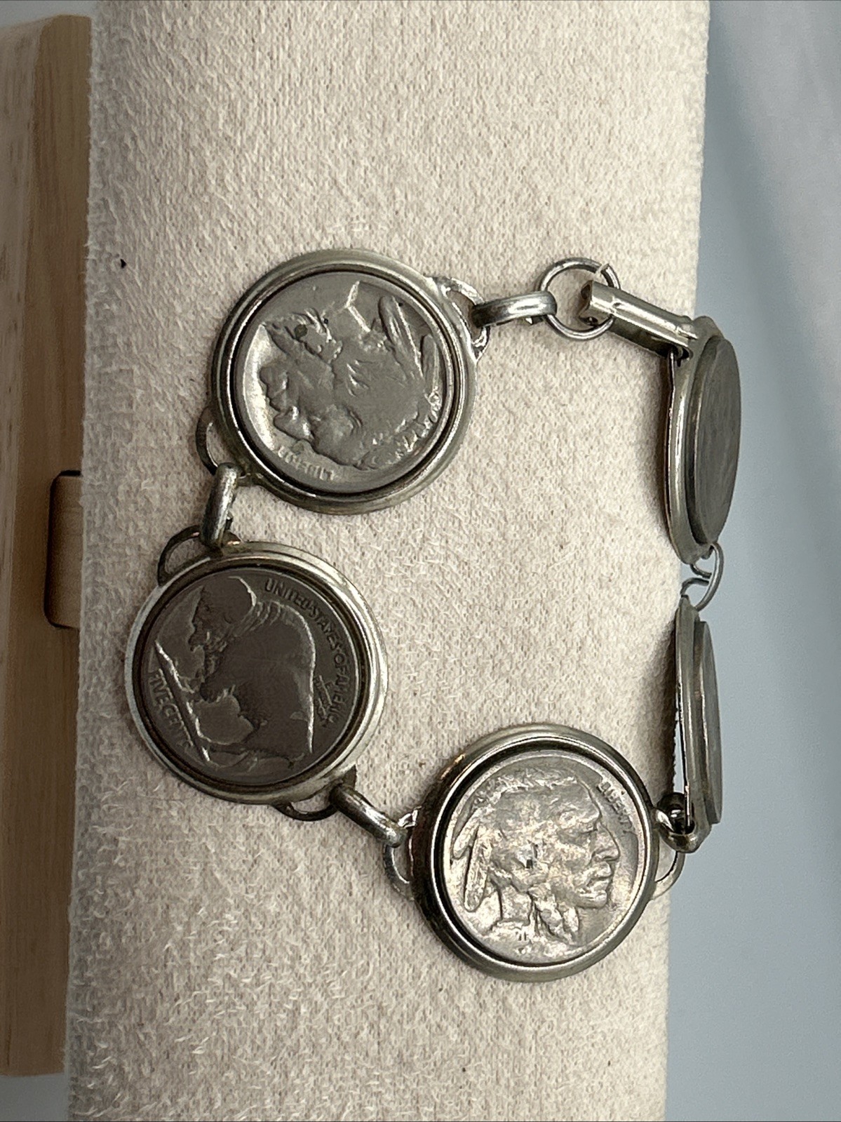 Vintage Indian Head Buffalo Nickel Coin Link Bracelet Silver Tone USA