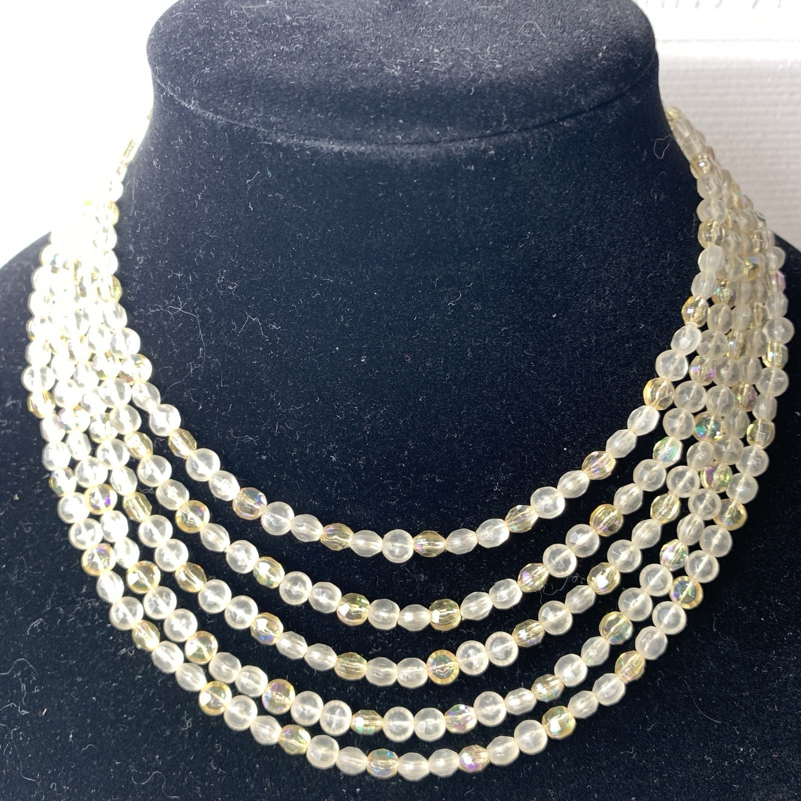 Vintage Germany Multi Strand Acrylic AB Bead Necklace Bib Fringe Choker