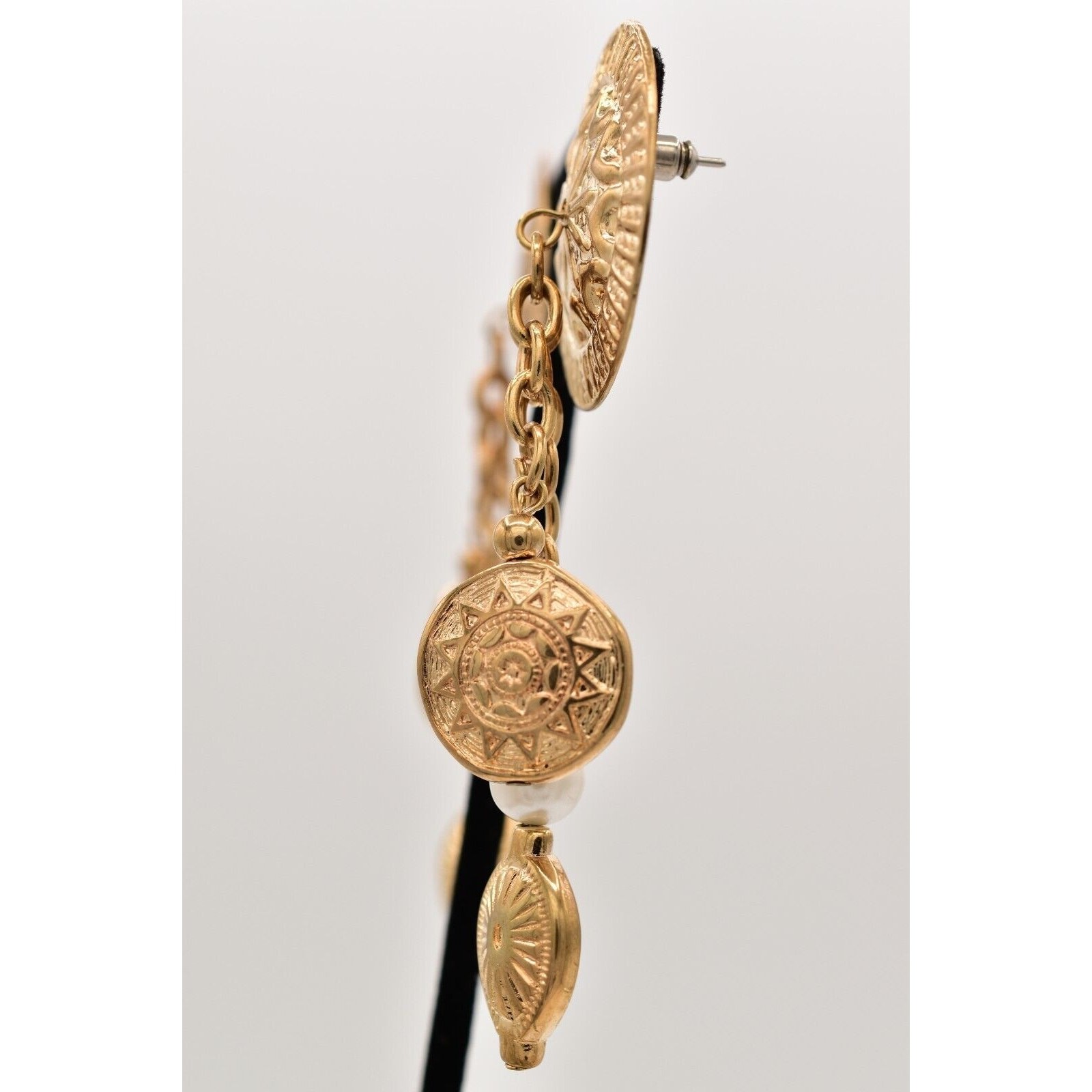Vintage Coin Dangle Chain Earrings 3″ Pearl Etruscan Gold Chunky NOS 80s BinA18