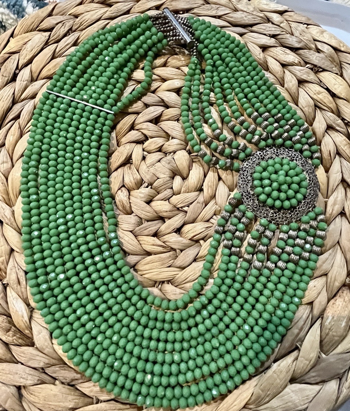 Vintage Beaded Necklace 16in Green Beads Clasp Closure Multi-Strand Set