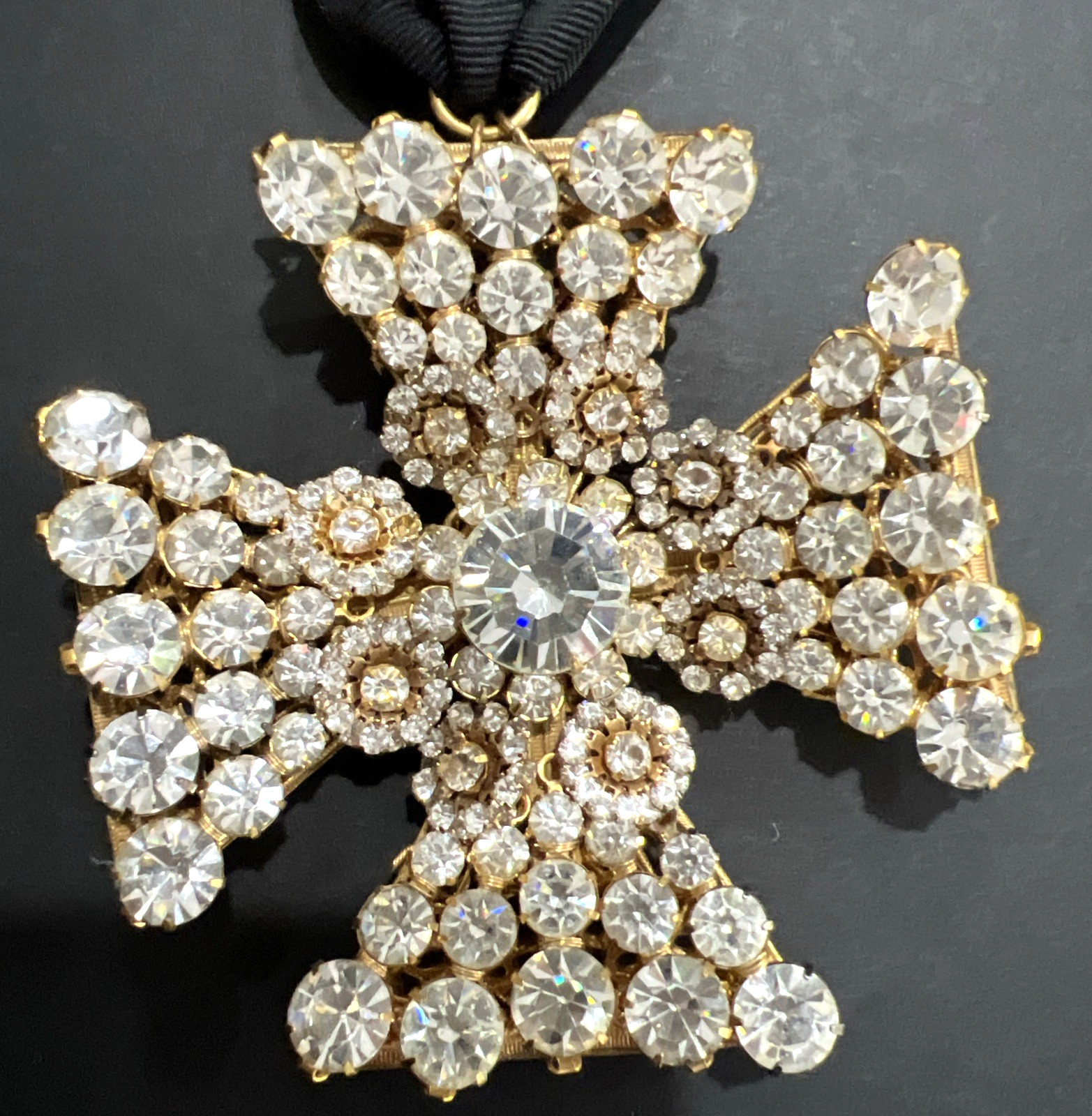 VTG. SIGNED MIRIAM HASKELL RHINESTONE MALTESE CROSS on RIBBON & CROSS BAR BROOCH