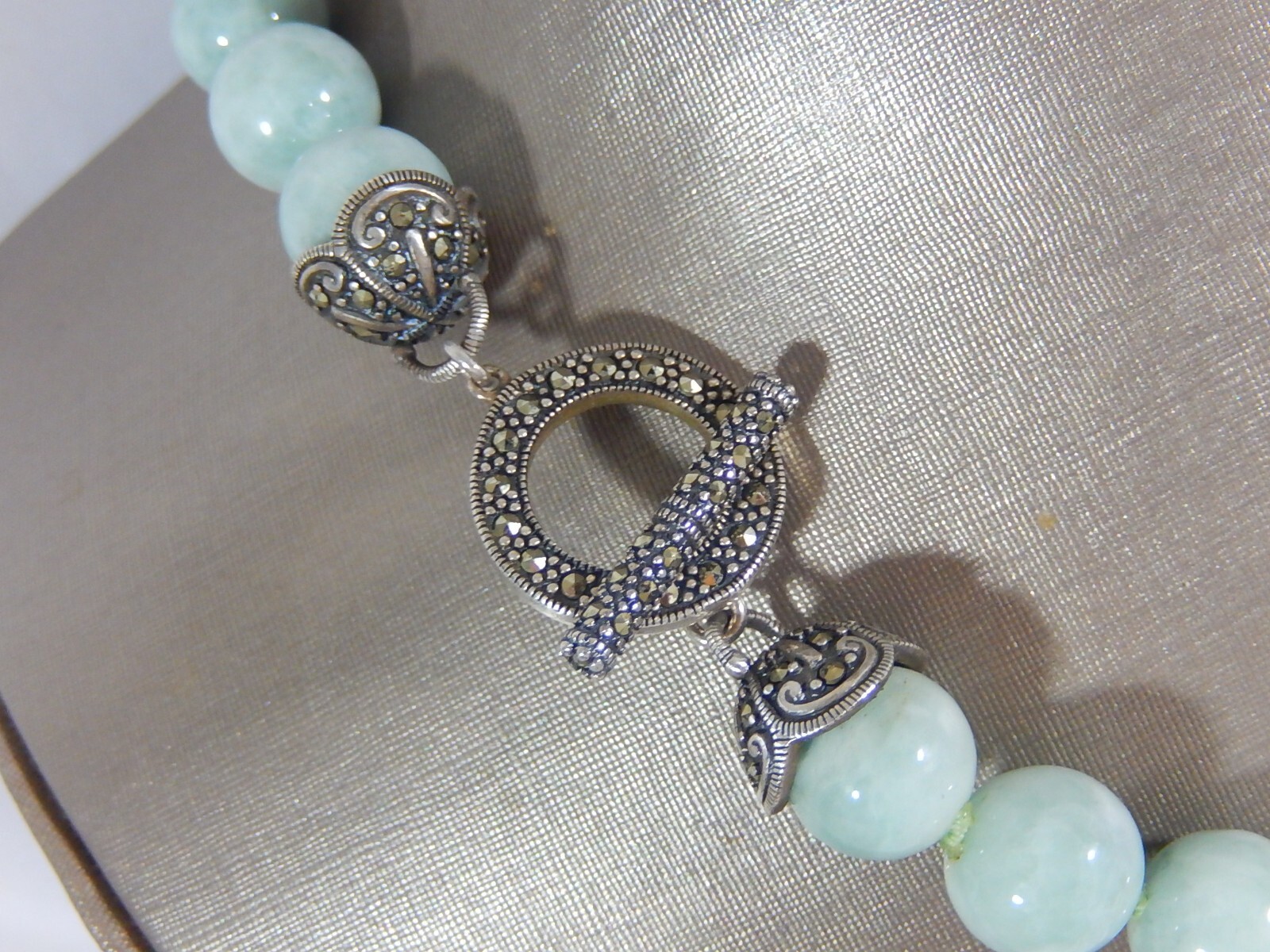 VTG FINE QUALITY AMAZONITE 12mm BEAD HAND KNOTTED NECKLACE W 925 MARCASITE CLASP
