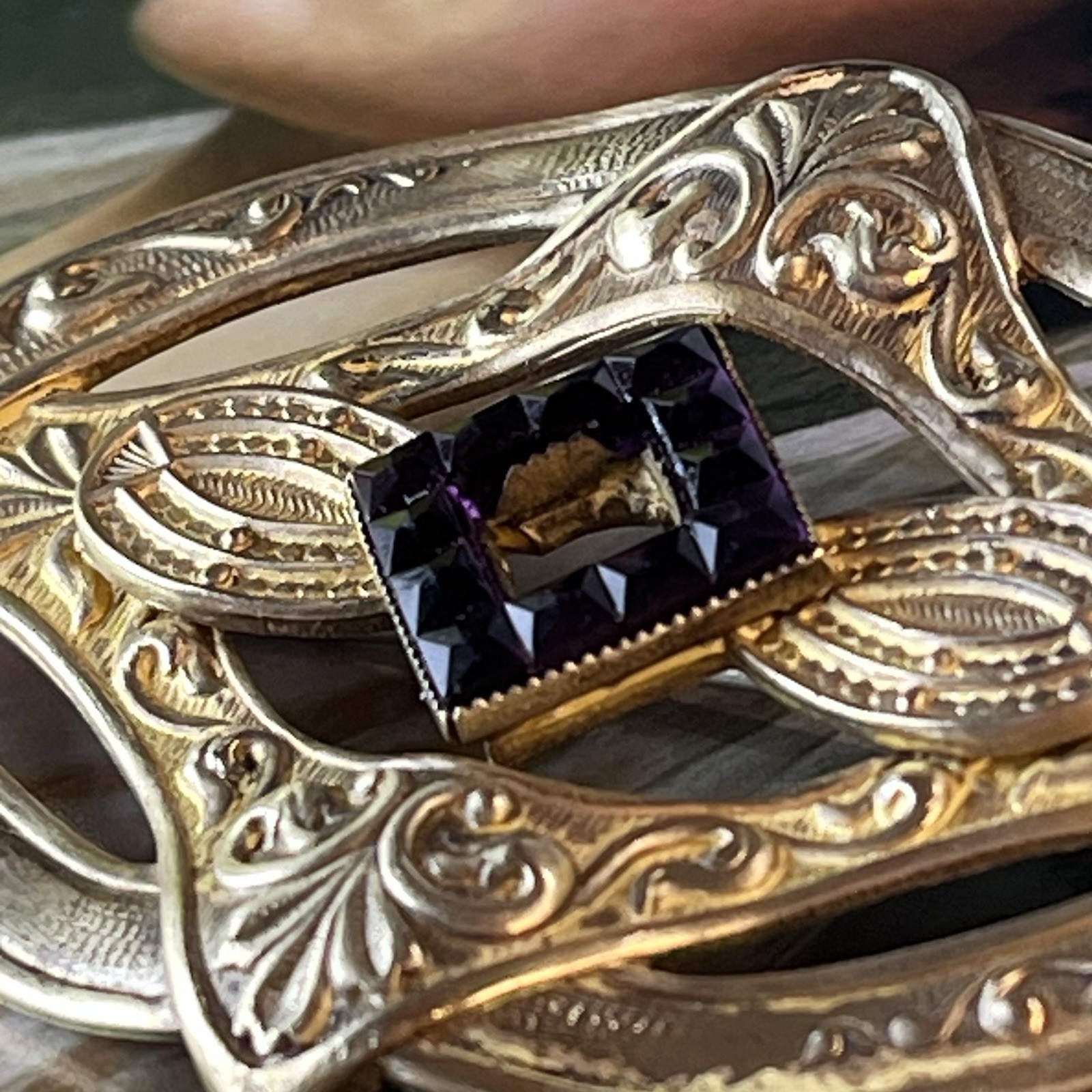 Antique Repousse Brooch Purple Glass Squares Gold Washed Brass Sawtooth C Clasp