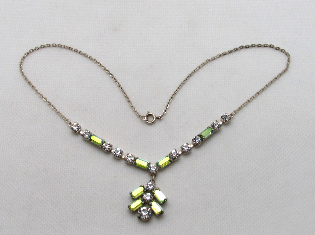 Vintage Green Baguette Rainbow Glass & Clear Rhinestone MCM Necklace Silver Tone