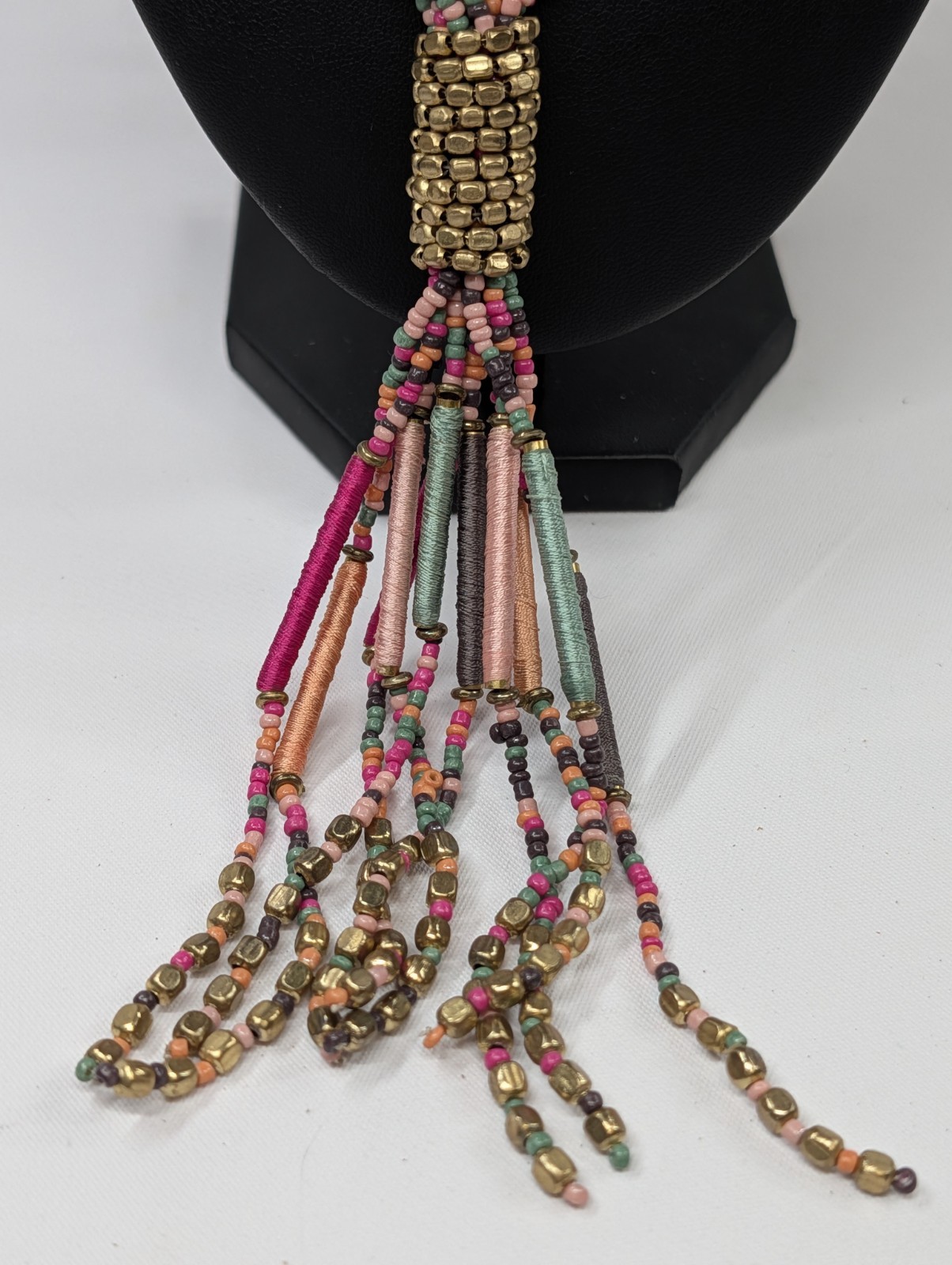 Vintage Indian Artisan Multi Strand Seed Bead Tassel Lariat Necklace Thread Wrap
