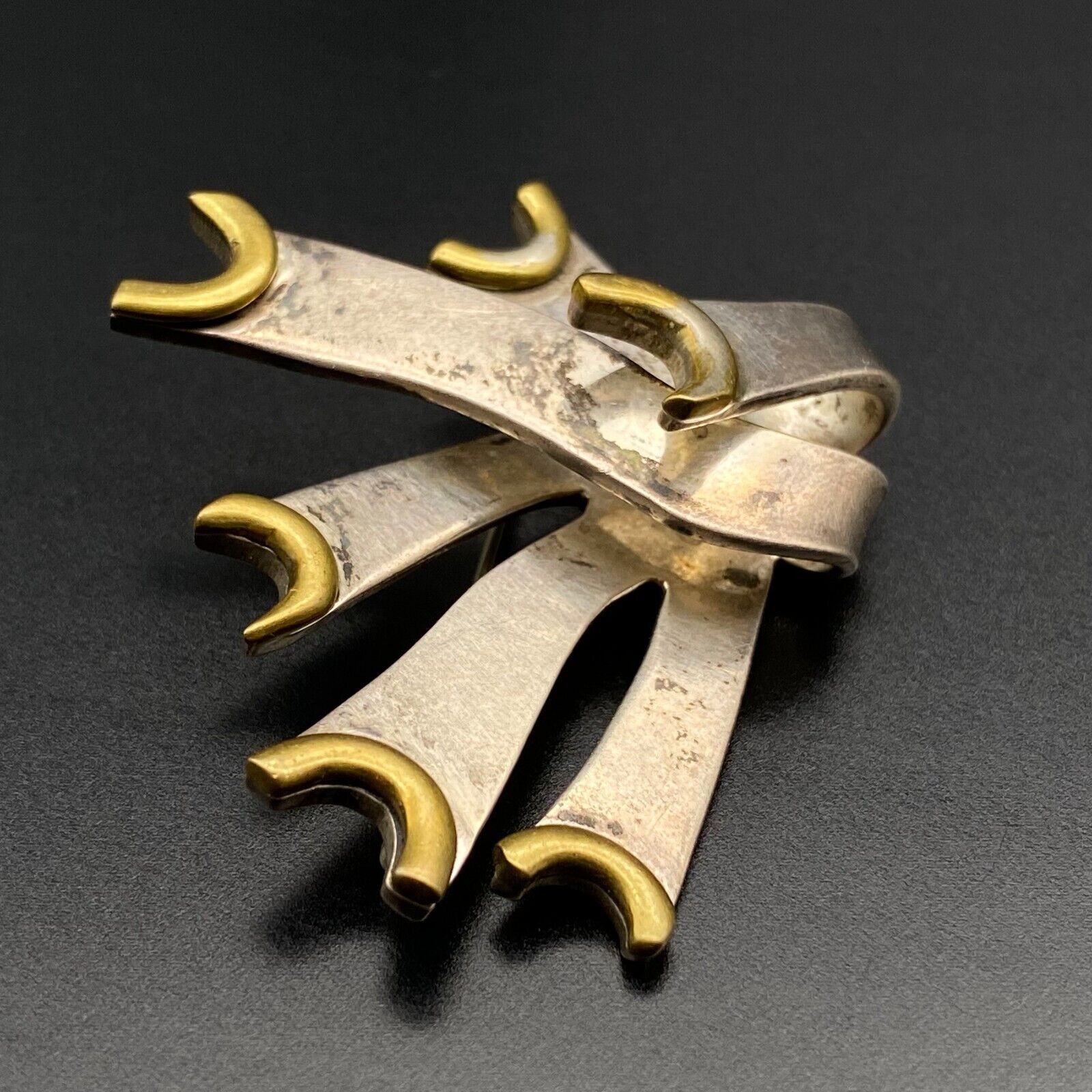 Vintage Modernist Abstract Mixed Metal Sterling Silver Brass Pin Brooch