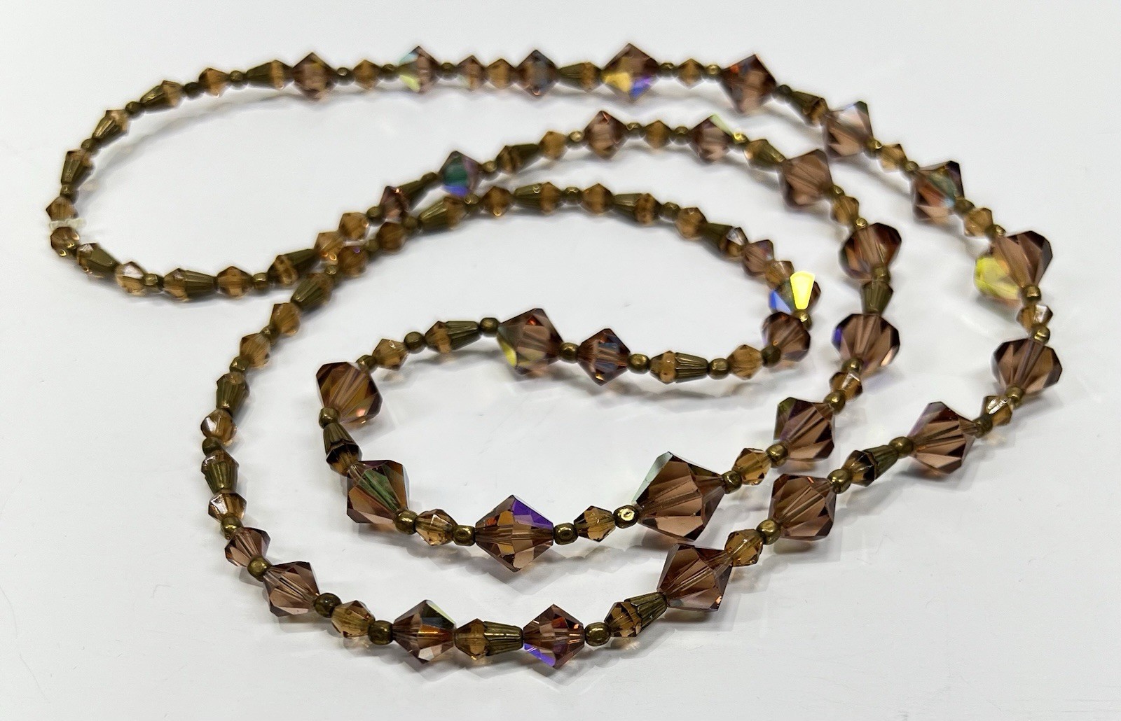 Vintage Faceted Bicone Crystal AB Bronze & Metal Spacers Long Graduated Necklace