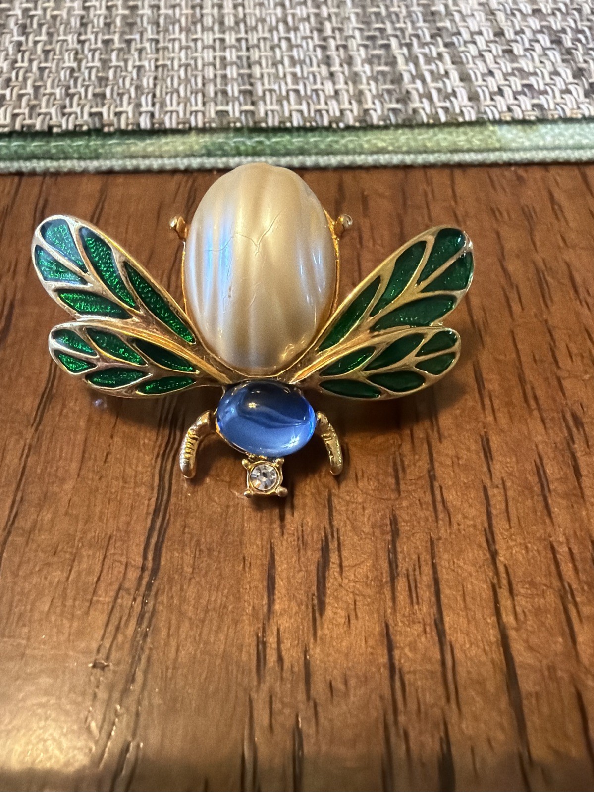 Vintage MFA Gold Tone Enamel Bee Brooch Gripoix Style Glass Cabochon Faux Pearl