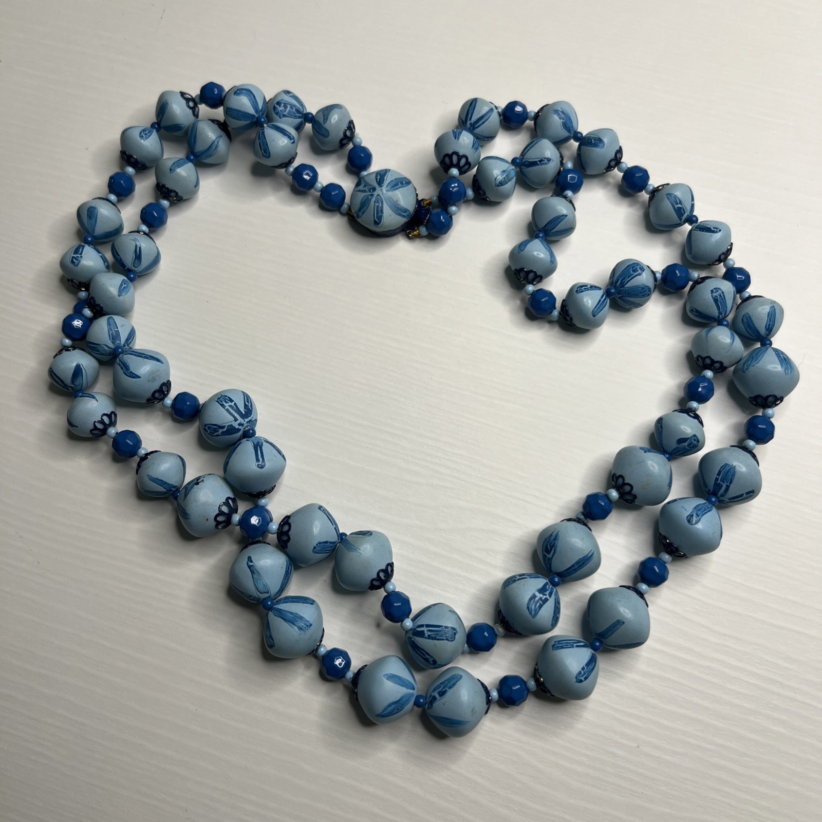 Hong Kong Blue Painted Bead Double Strand Necklace Box Tab Clasp