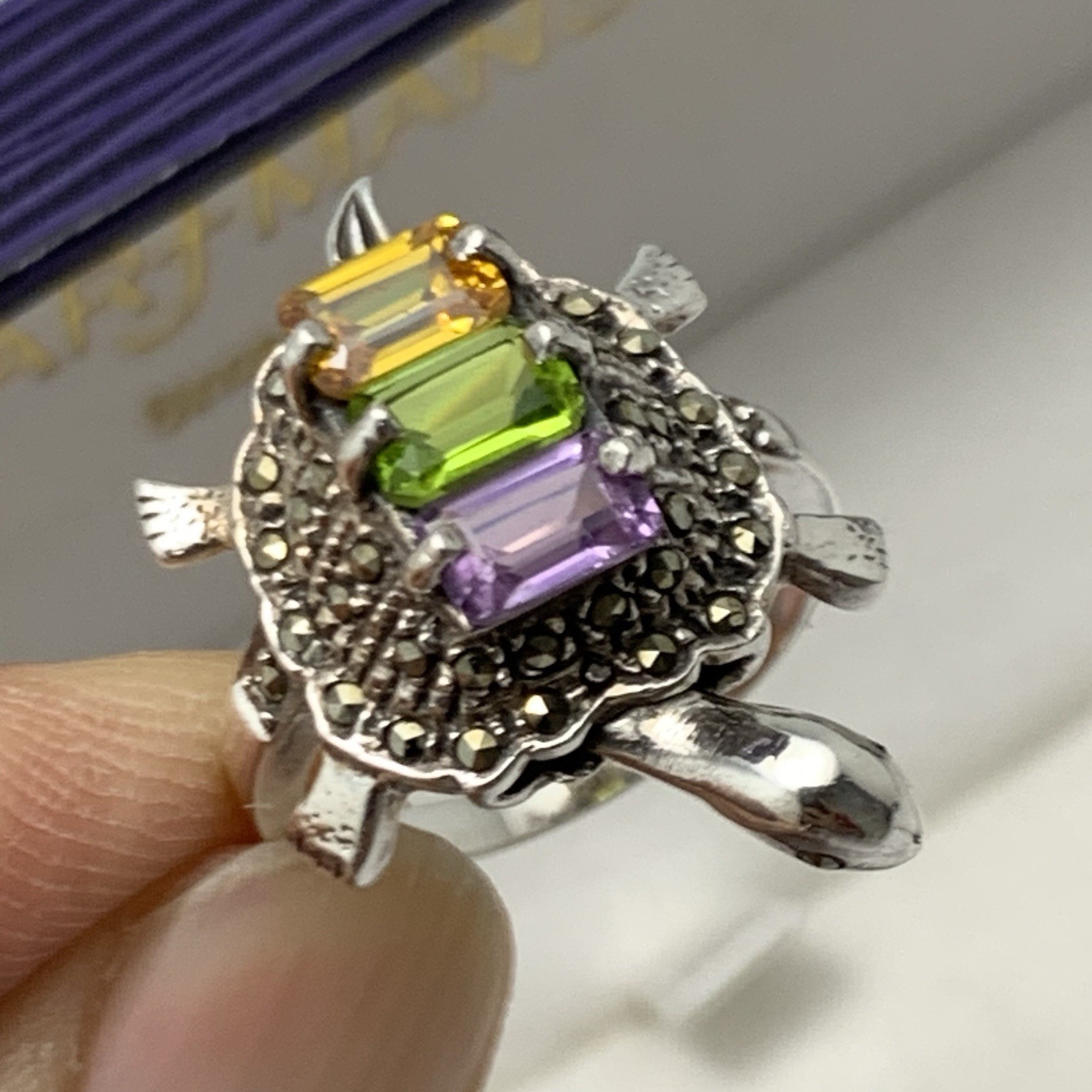 Vtg Turtle Ring w Moving Head 925 Sterling Silver Multi Colored Gem / Marcasite