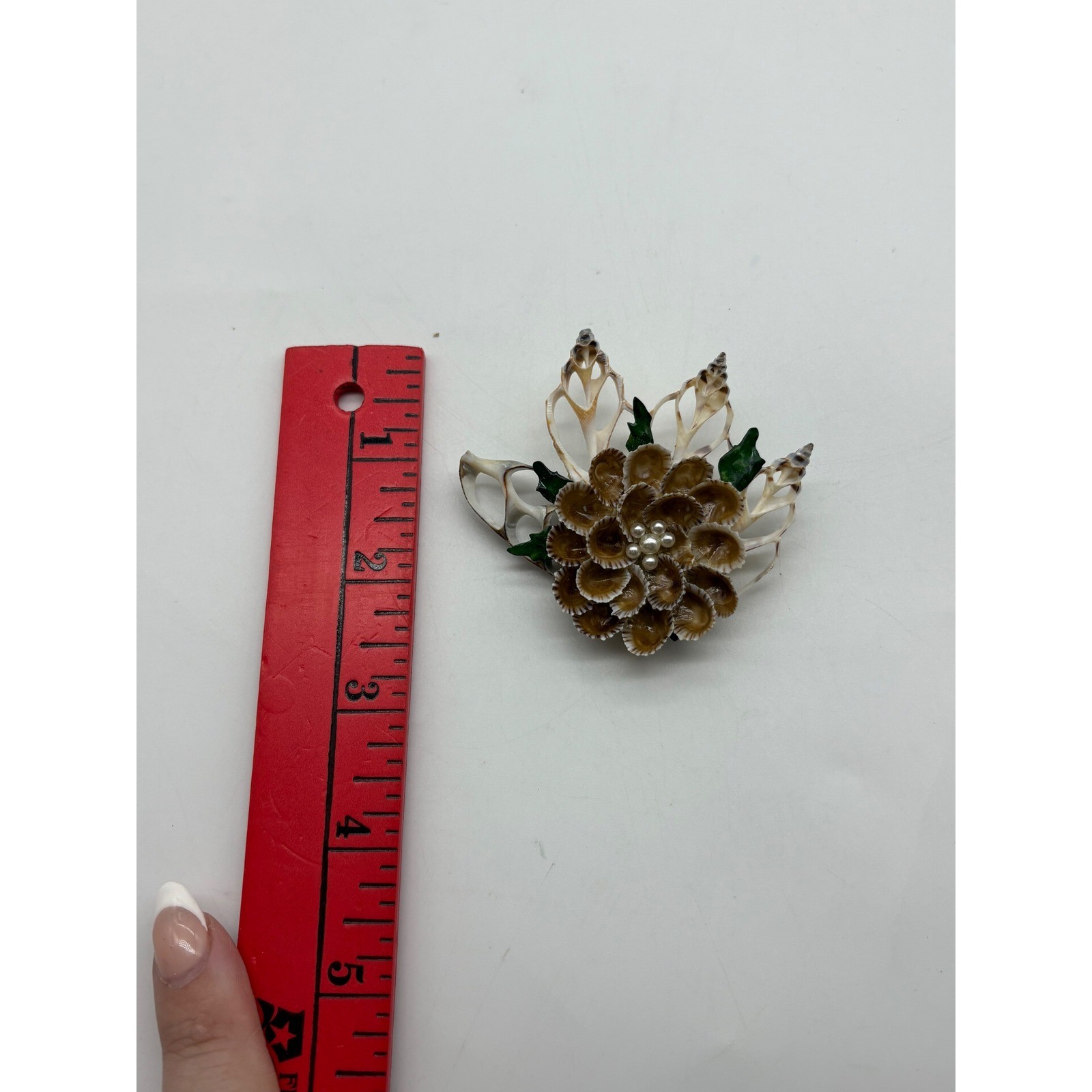 Vintage Natural Sea Shell Flower Brooch with Faux Pearl Accents Coastal Pin
