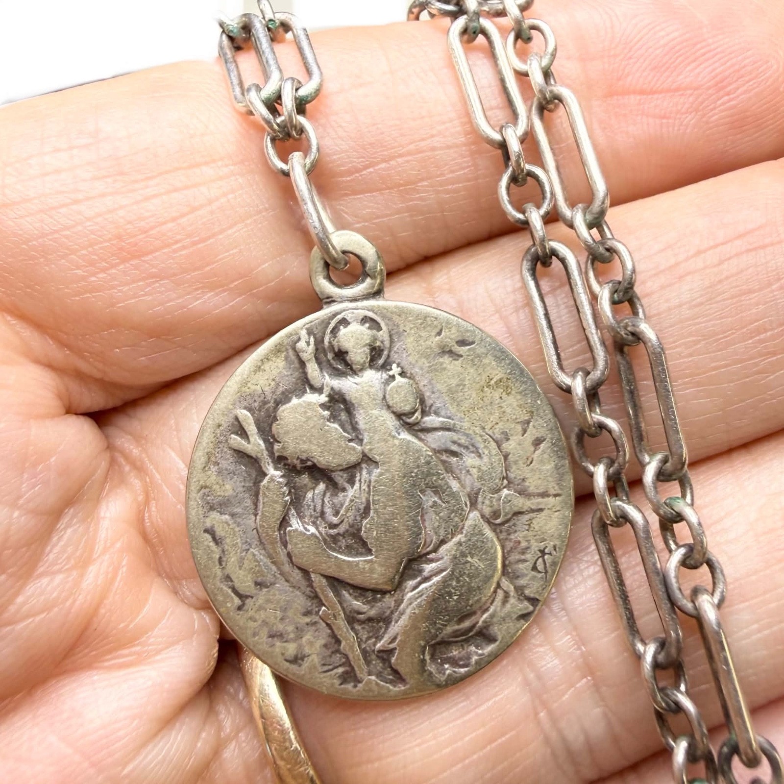 LUX Antique St Christopher Pendant Necklace, Double Sided, Sterling Silver