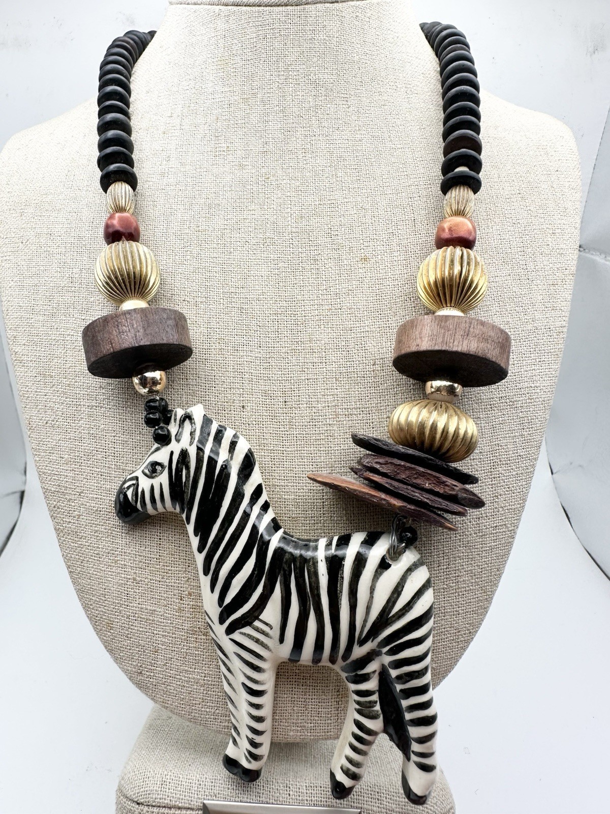 Vintage Ceramic Zebra Wood Bead Necklace 22”