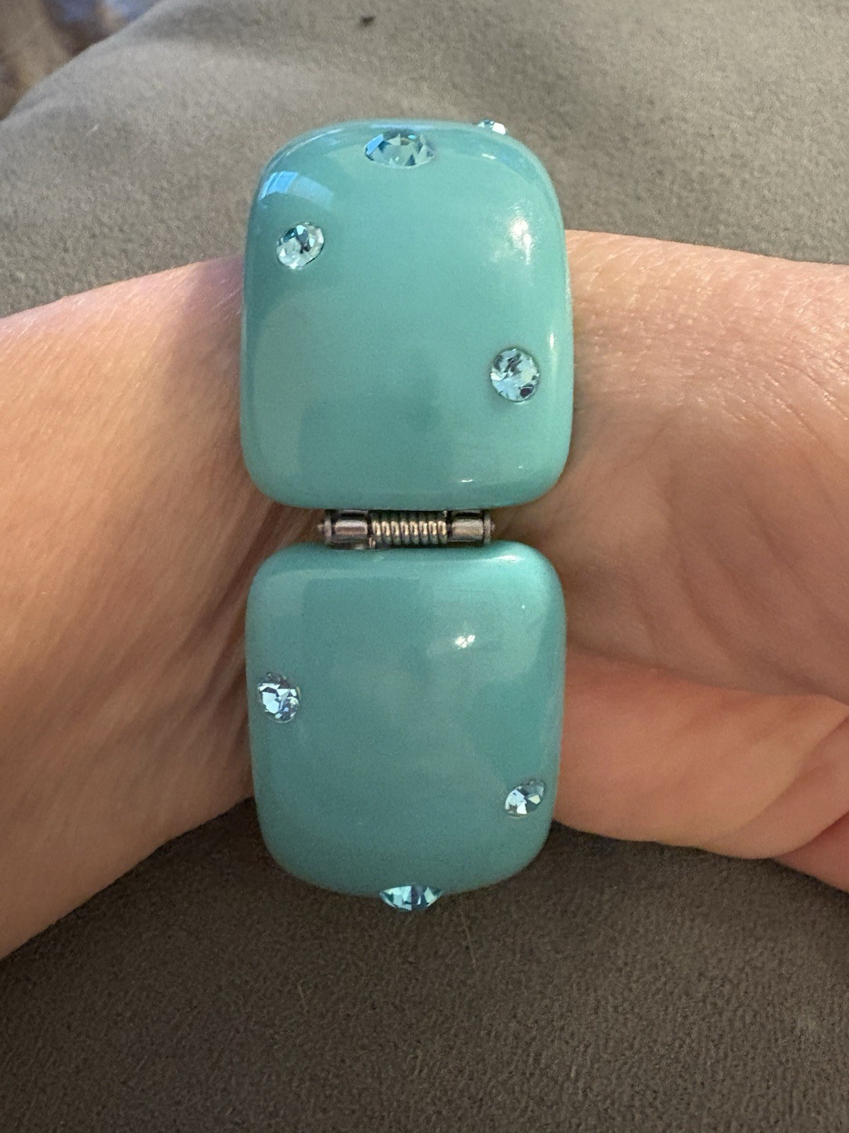 Vintage Light Teal And Rhinestone Lucite Clamper Bangle Cuff Bracelet
