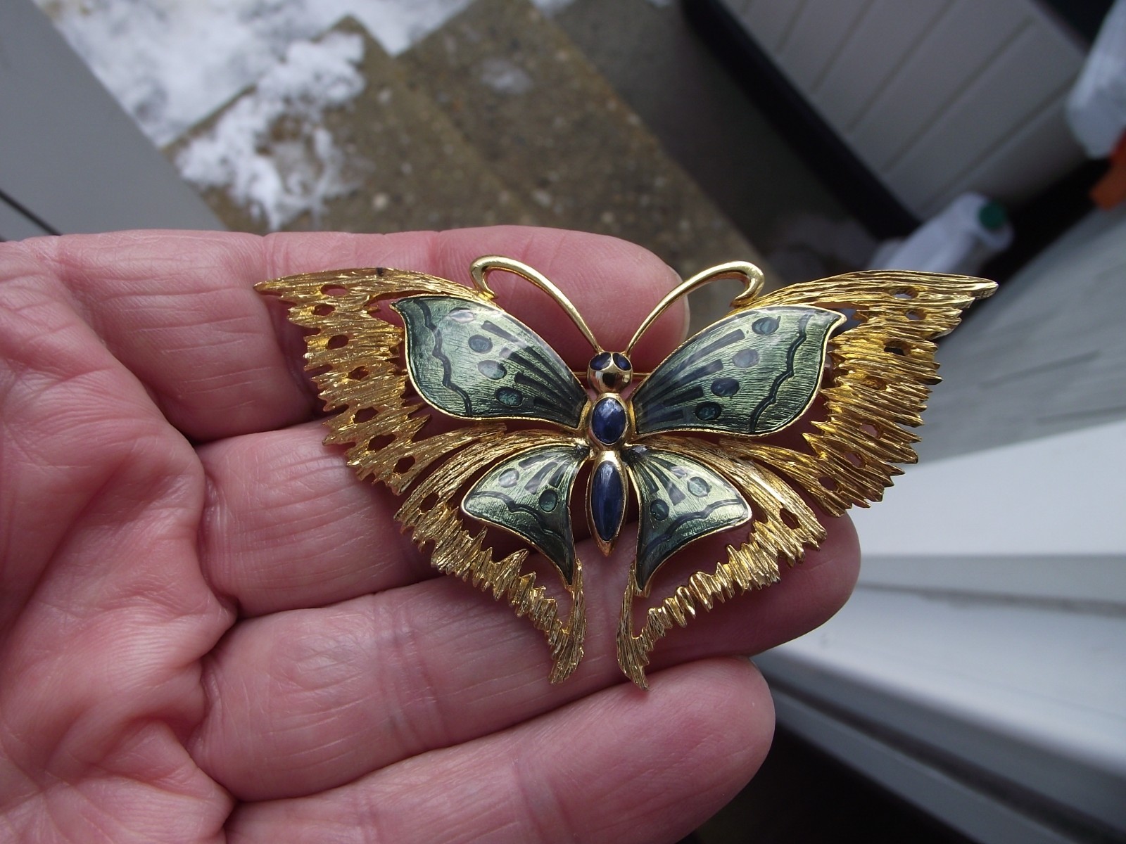 A VINTAGE ORENA PARIS GREEN AND BLUE ENAMEL GOLD TONE BUTTERFLY BROOCH FRANCE