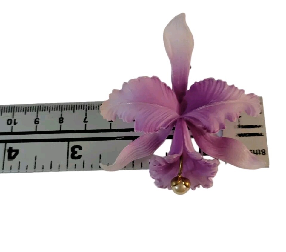 Vintage Acrylic Orchid Brooch With Pearl Purple Germany 2.5″