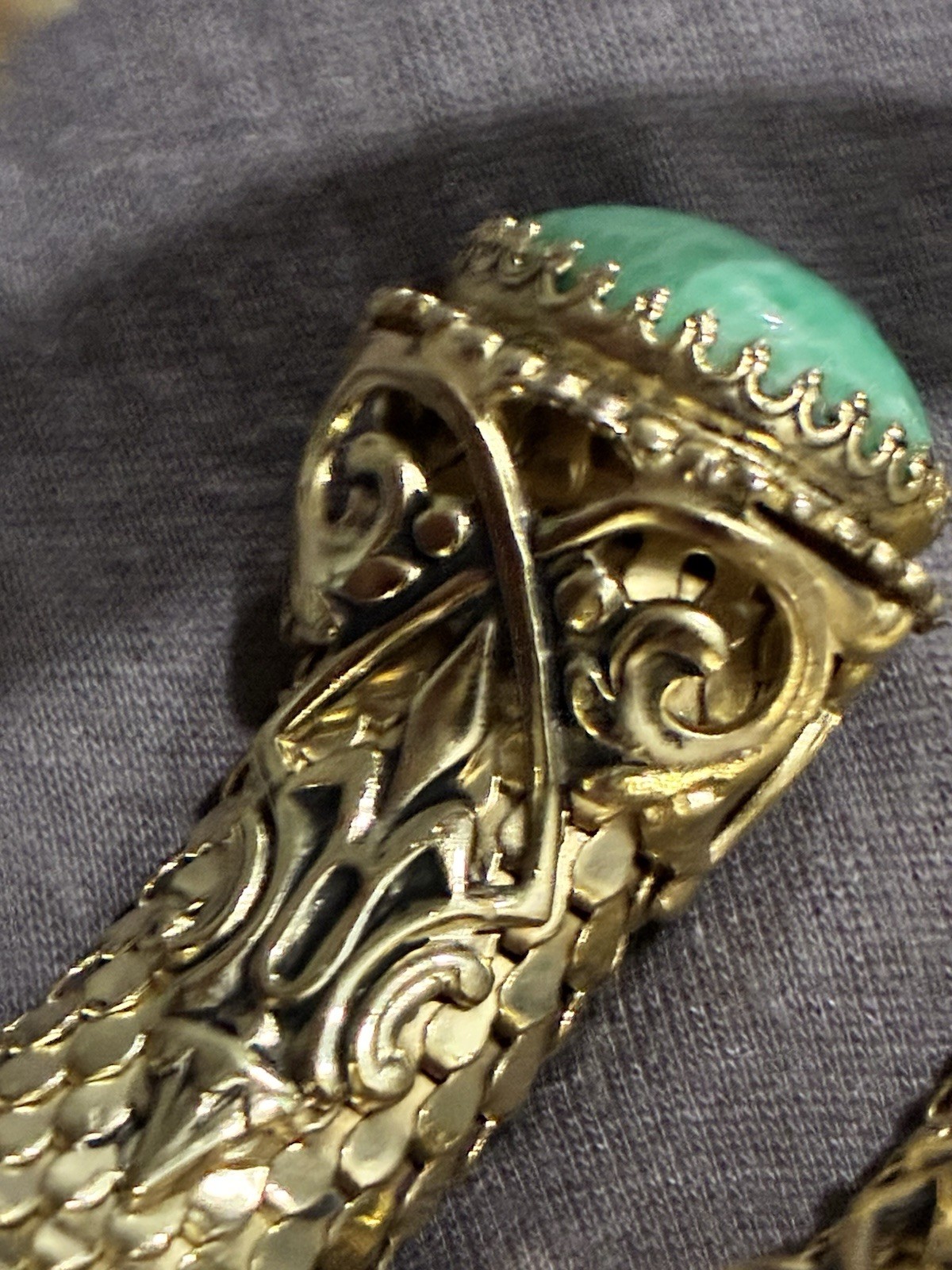 Vintage Whiting & Davis Mesh Snake Wrap Bracelet Green Peking Glass Cabachon