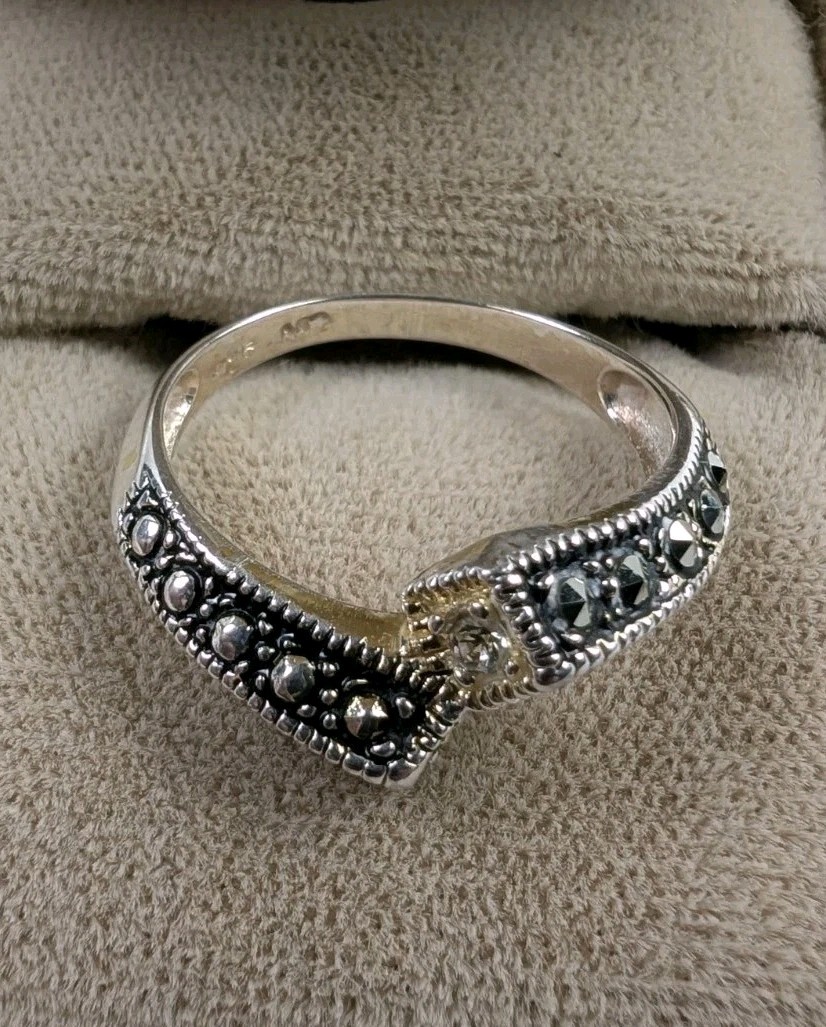 Charles Winston CW Sterling Silver Marcasite CZ Two Toned Bypass Ring Sz 7.5