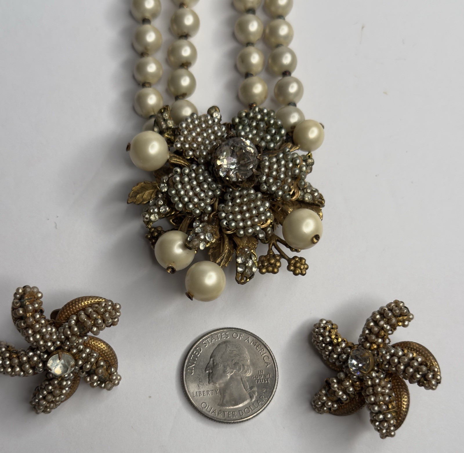 Miriam Haskell Vintage Baroque Pearl Necklace Earrings and ( Unsigned Bracelet)
