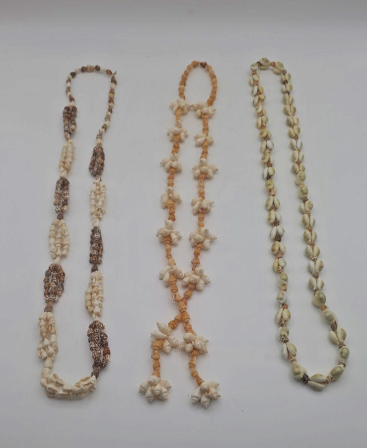 3 Vintage Seashell Beaded Necklaces Bohemian Popcorn Cluster Bow, Double Strand