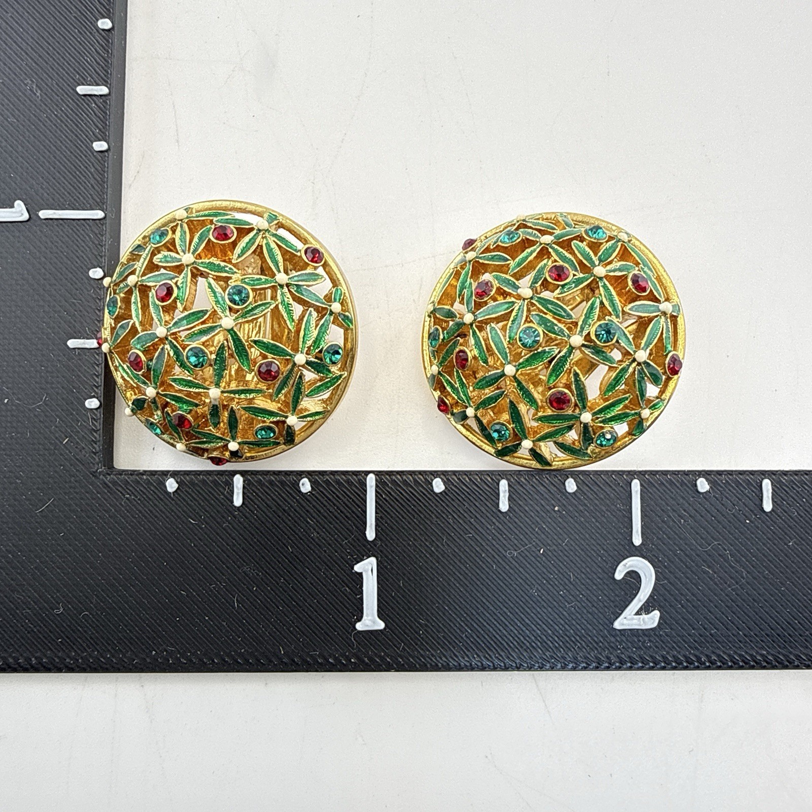Joan Rivers Earrings Rhinestone Green Red Blue CLIP ON Enamel Jewel Gold Round