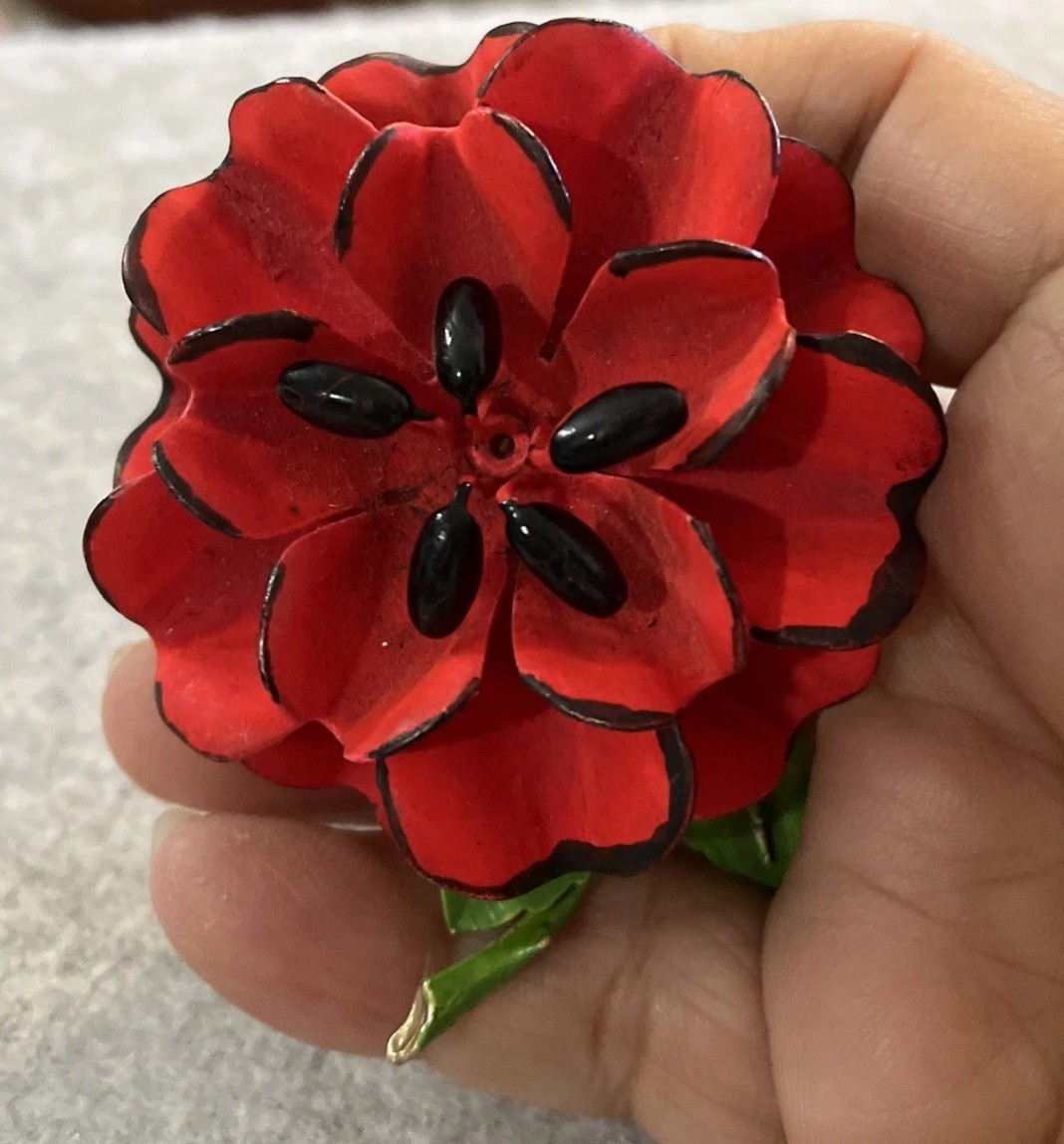 Vintage 1960s Red Enamel Poppy Flower Brooch Pin Mod Retro Boho Unsigned