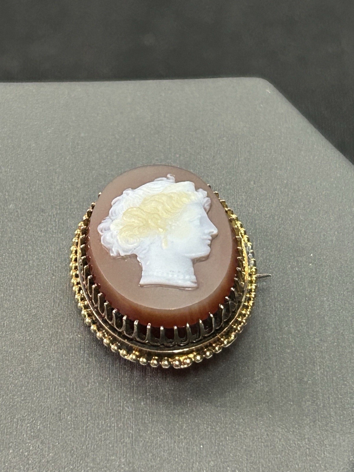 Antique Carved Shell Cameo Brooch Gold Frame Victorian Lady Portrait*