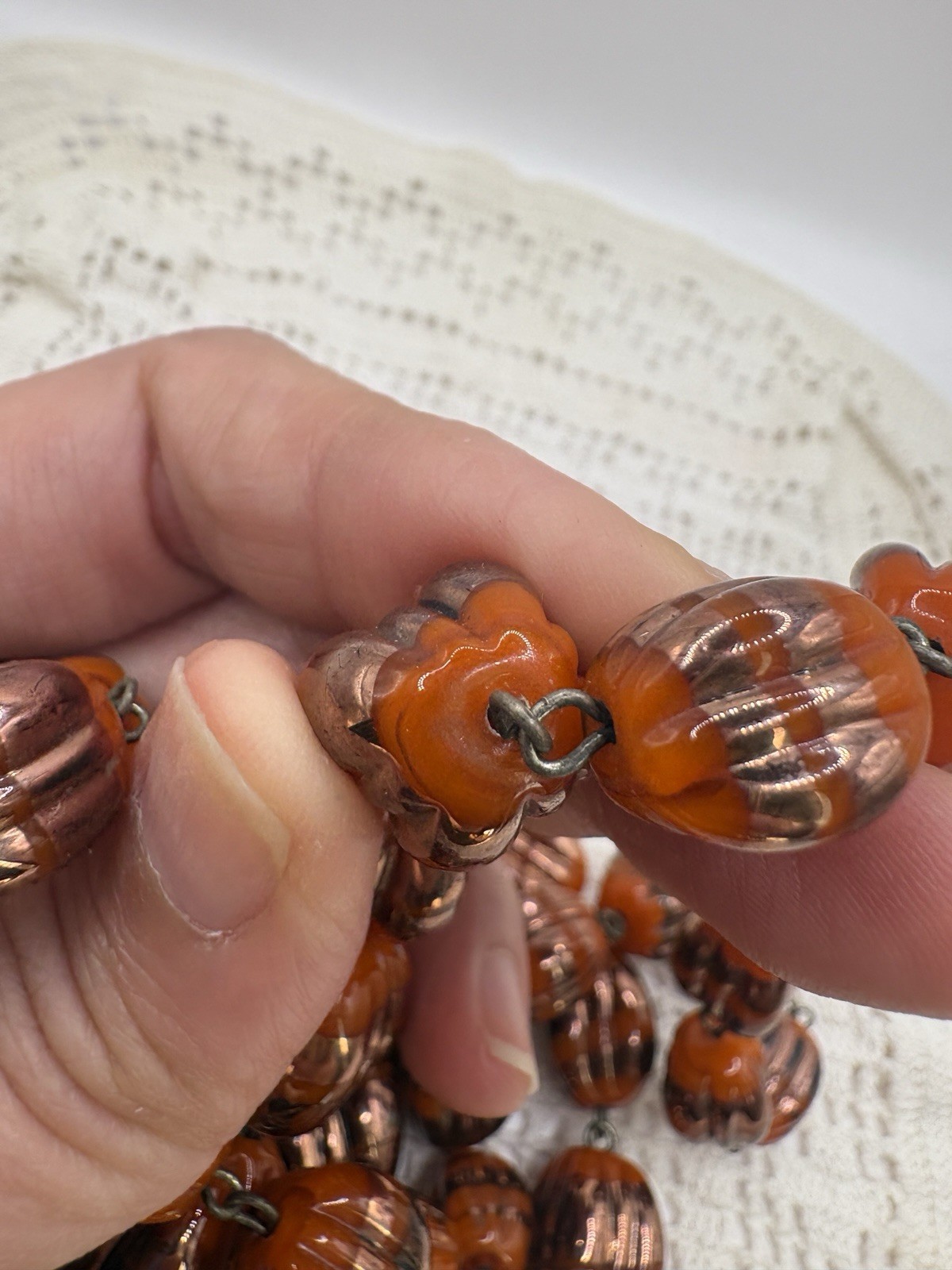 Vintage Czech Melon Foil Glass Graduated Necklace Lampwork Pumpkin 28”