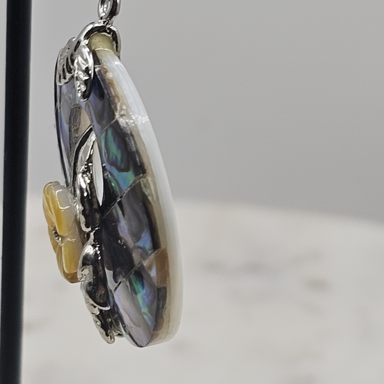 Vintage Abalone Mosaic Mother Of Pearl Floral Dangle Earrings Paua Shell Inlaid