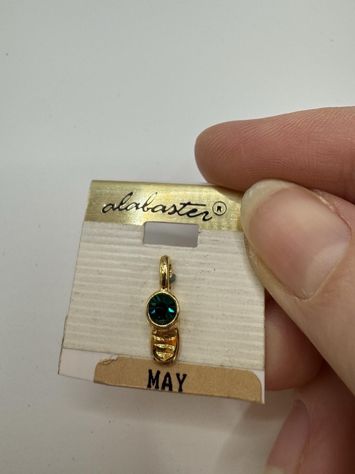 Vintage “Alabaster” Baby Bootie May Birthstone Emerald Green Charm Gold-tone