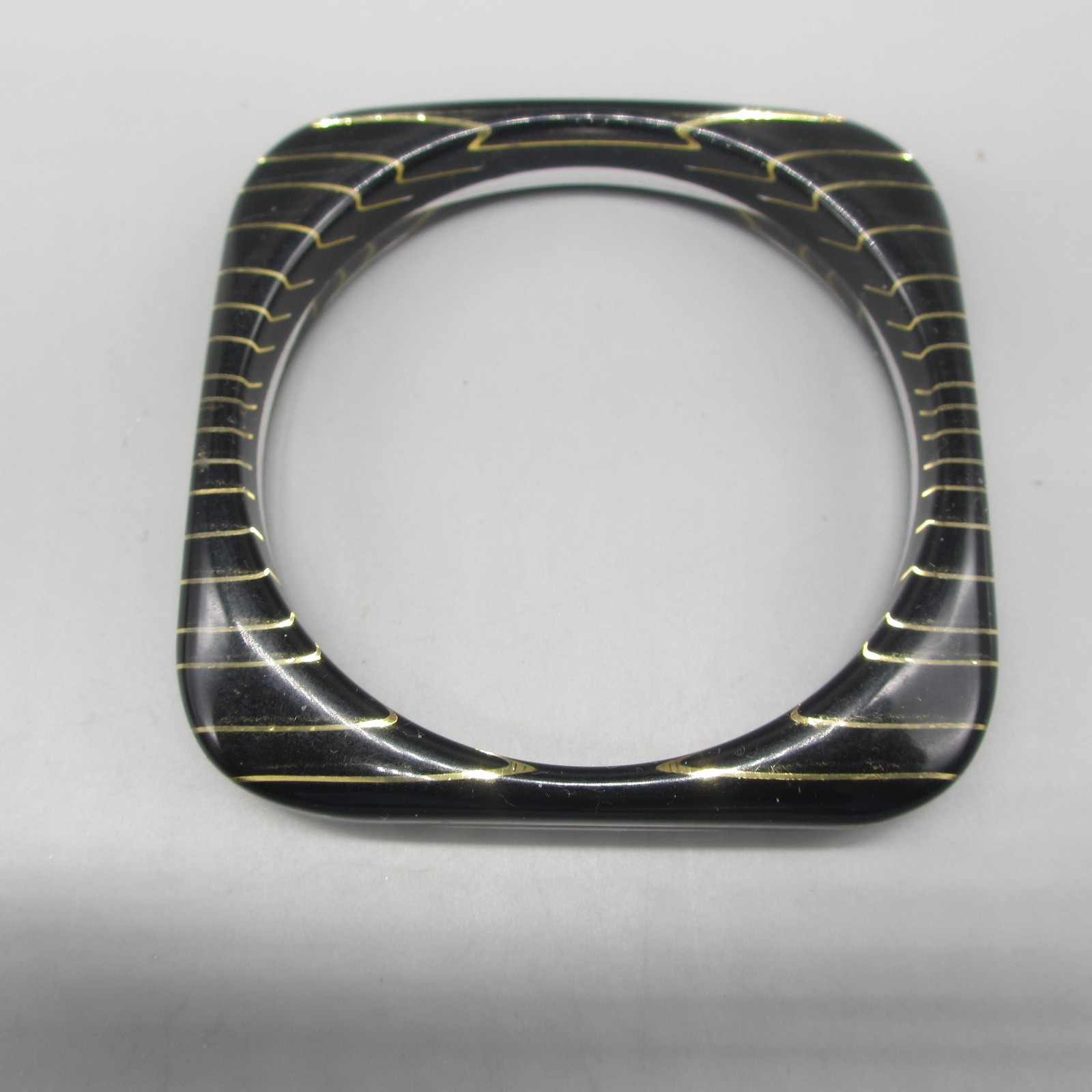 Vintage Lucite Bracelet Bangle Black Clear Golden Stripes Rounded Square