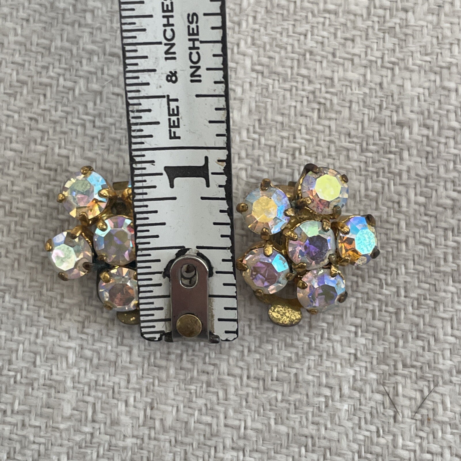 Vintage Floral Cluster Rhinestone Crystal Clip On Earrings Aurora Borealis