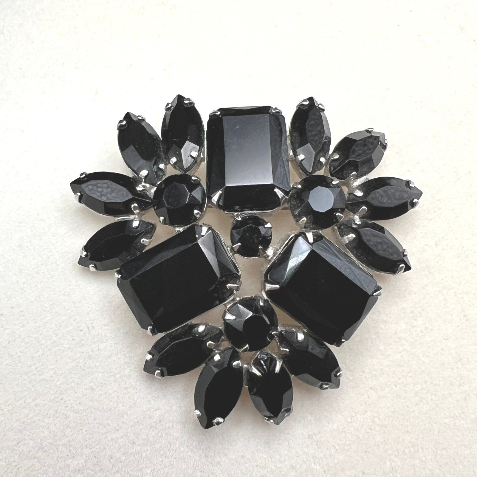 Vintage Black Rhinestone Cluster Brooch Marquise Emerald Cut Domed Prong Set