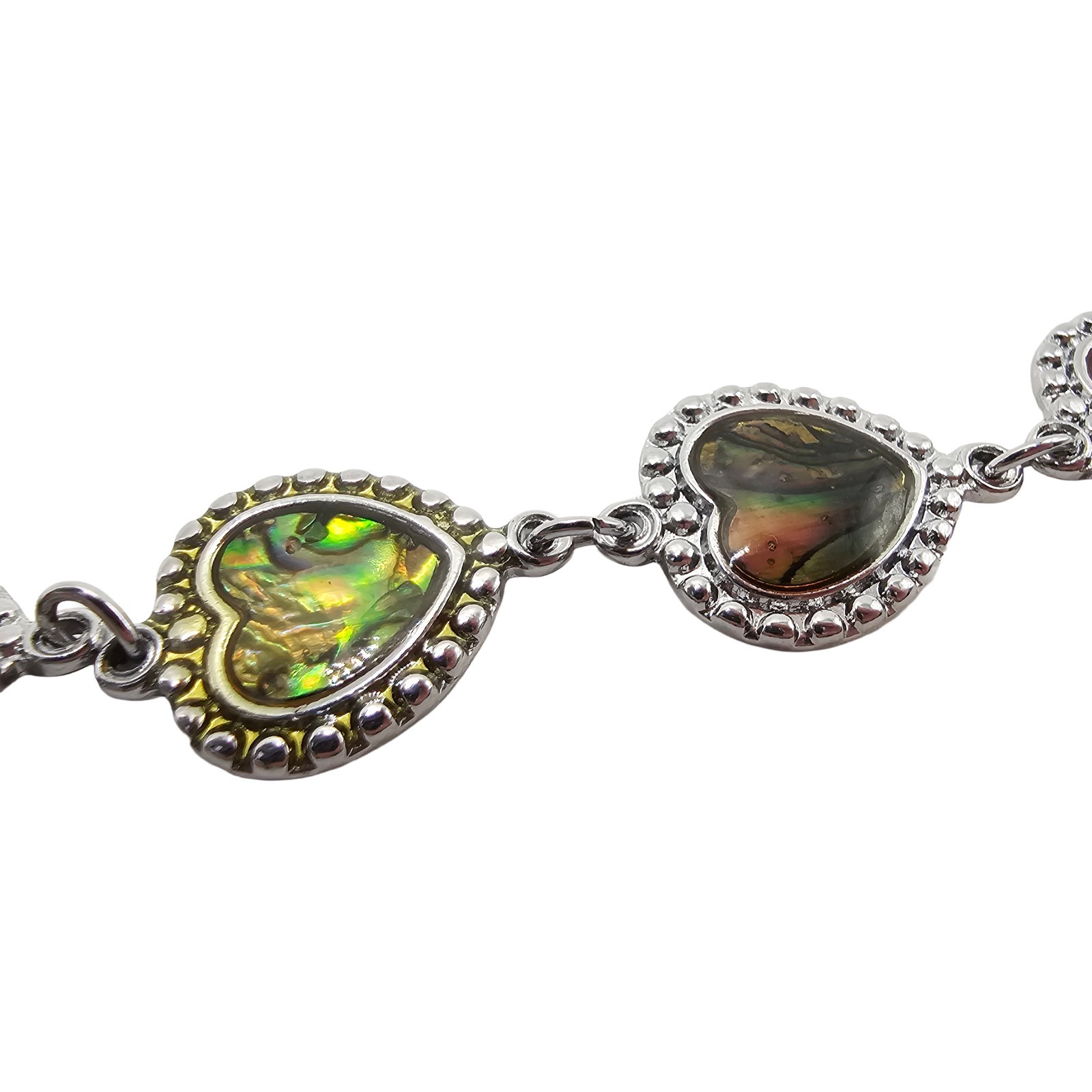 Vintage Abalone Paua Shell Heart Link Bracelet Silver Tone Iridescent Boho MOP