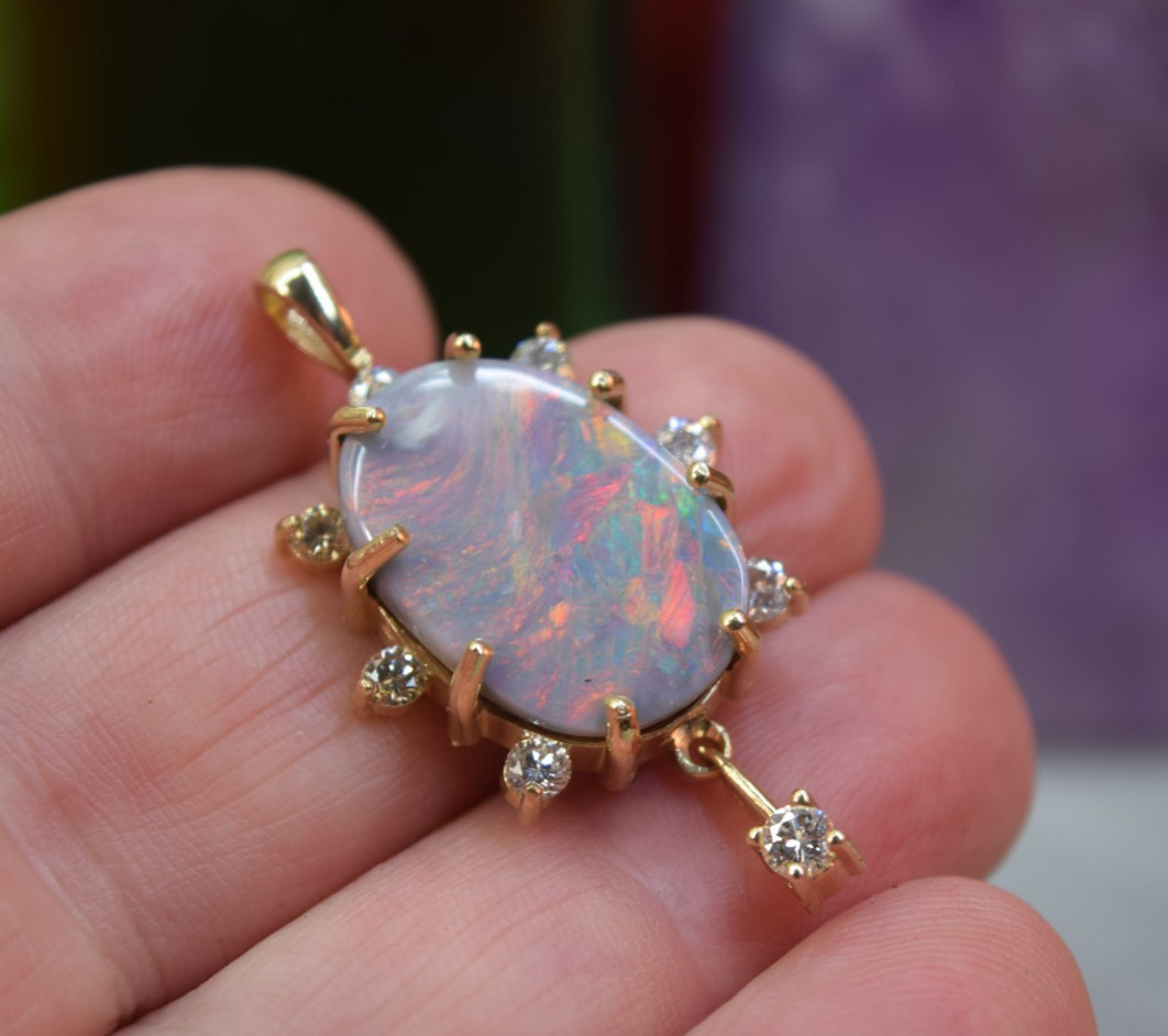 Estate Antique 14K Gold Large 10ct Black Opal Diamond Necklace Pendant