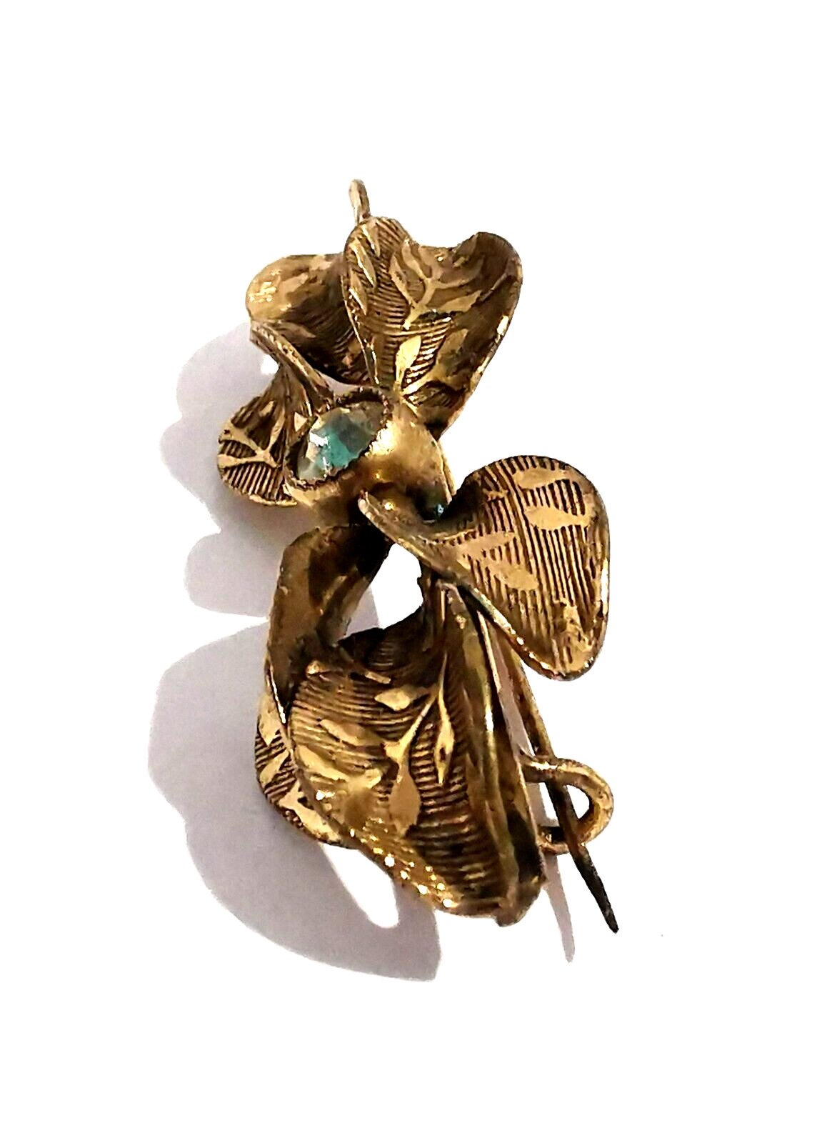 Vintage Czech Pin Brooch Floral Ornated Leafs Gilded Brass Colorless Rhinestone